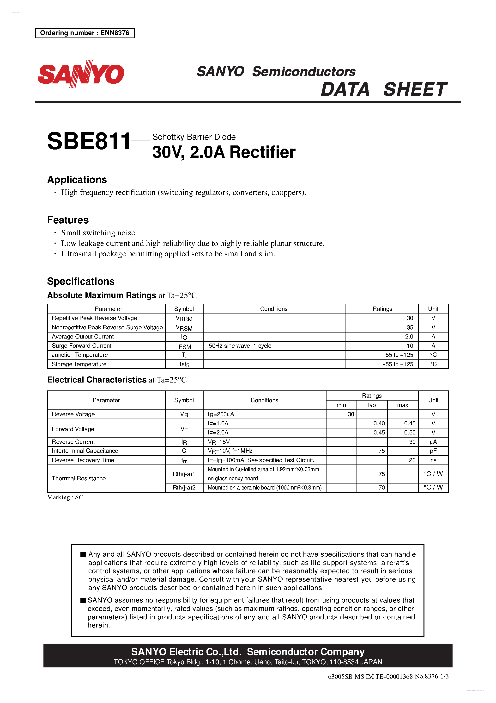 Datasheet SBE811 page 1 Datasheet SBE811 - Rectifier page 1