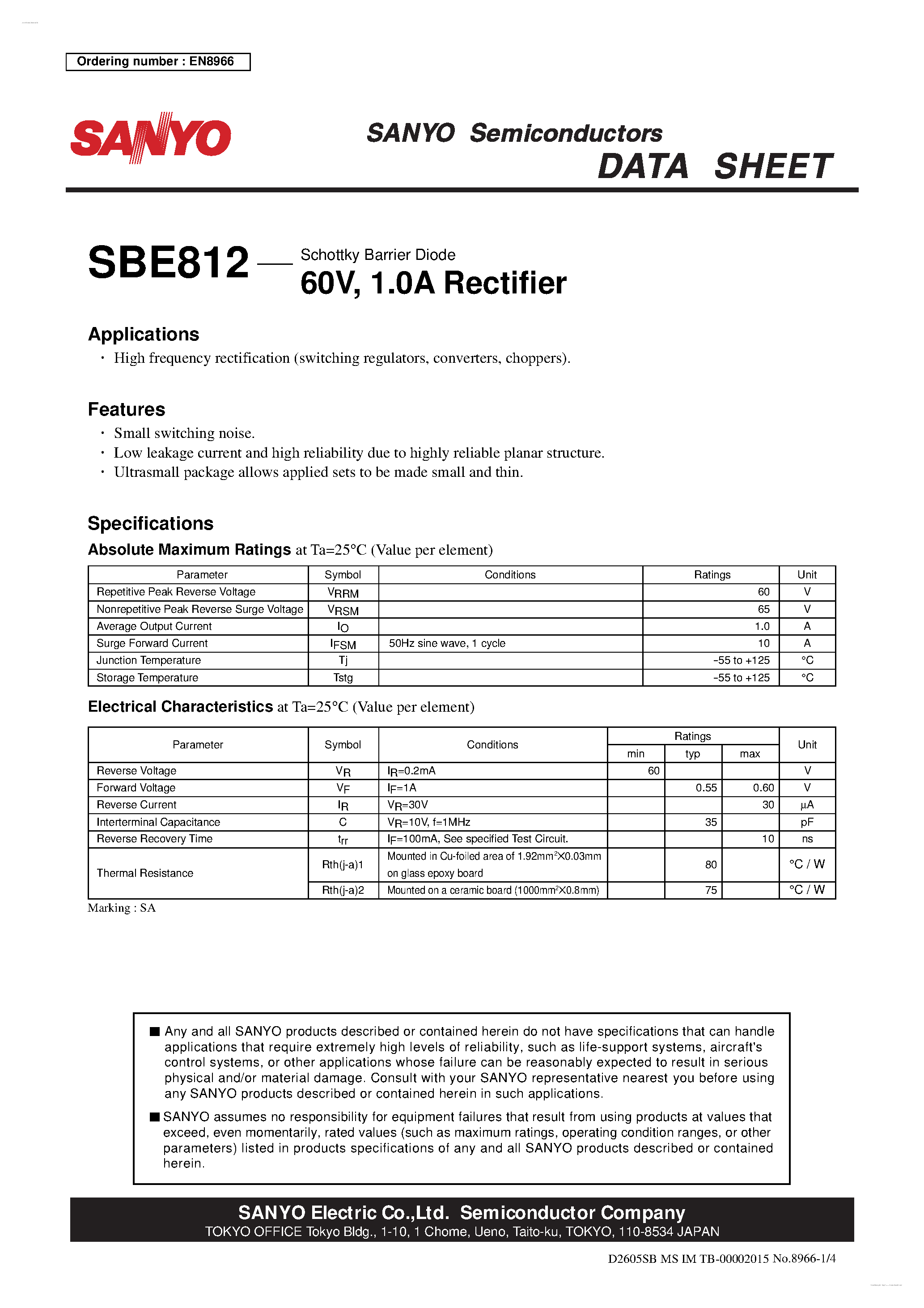 Datasheet SBE812 page 1 Datasheet SBE812 - Rectifier page 1