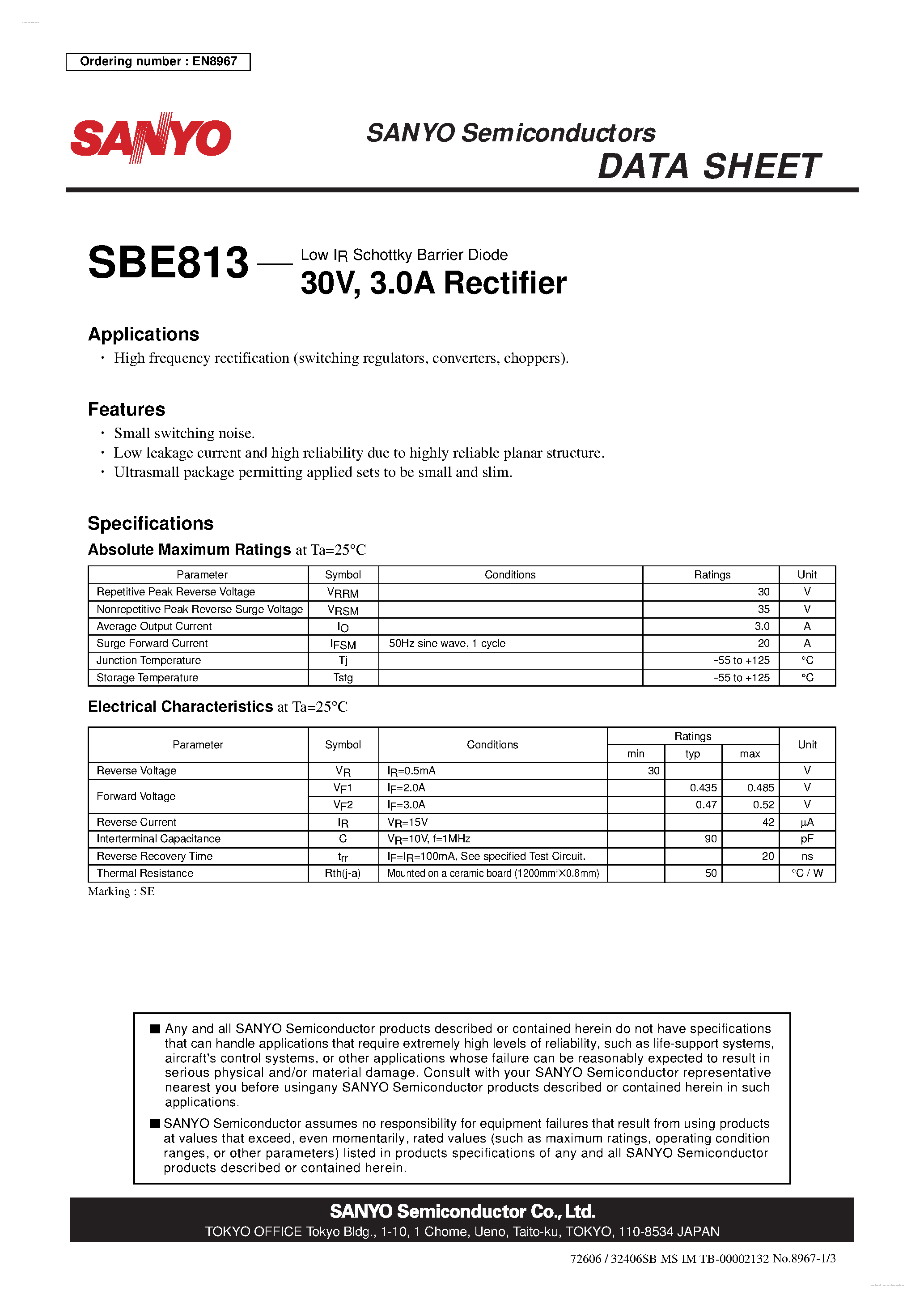 Datasheet SBE813 page 1 Datasheet SBE813 - Rectifier page 1
