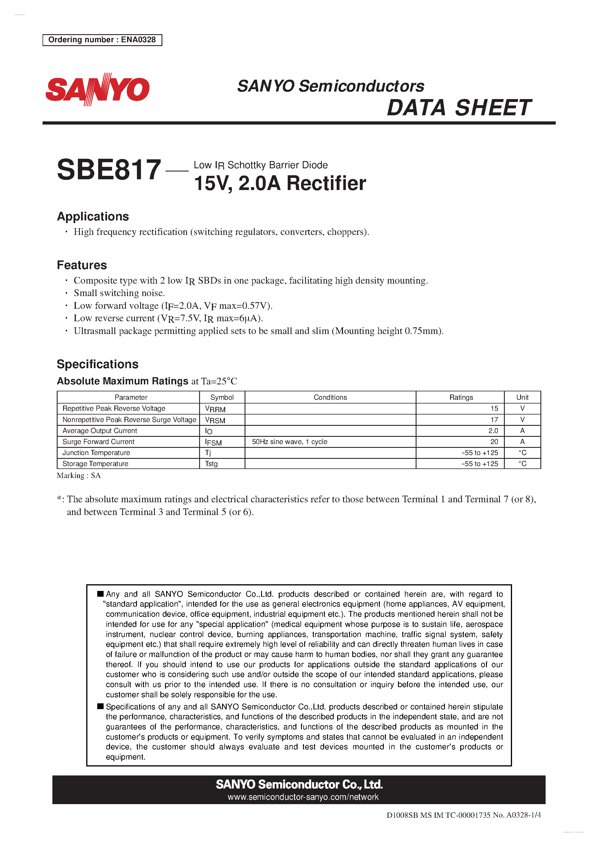 Datasheet SBE817 page 1 Datasheet SBE817 - Rectifier page 1