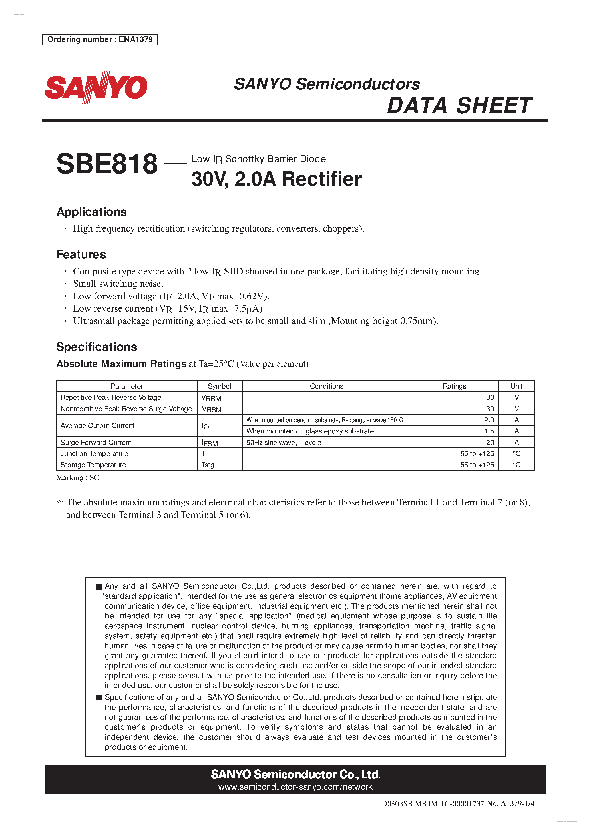 Datasheet SBE818 page 1 Datasheet SBE818 - Rectifier page 1