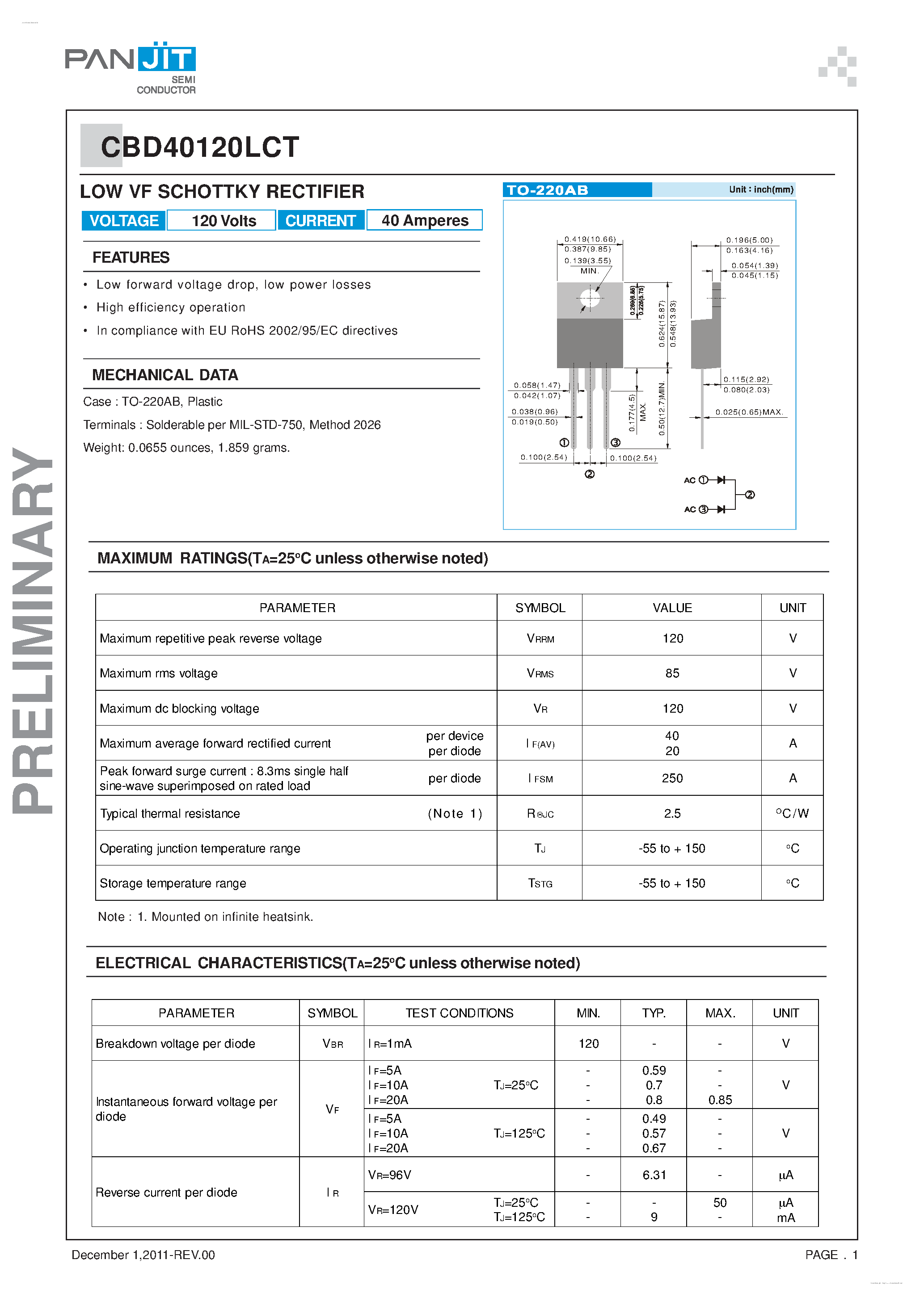 Datasheet CBD40120LCT - Low VF Schottky Rectifier page 1