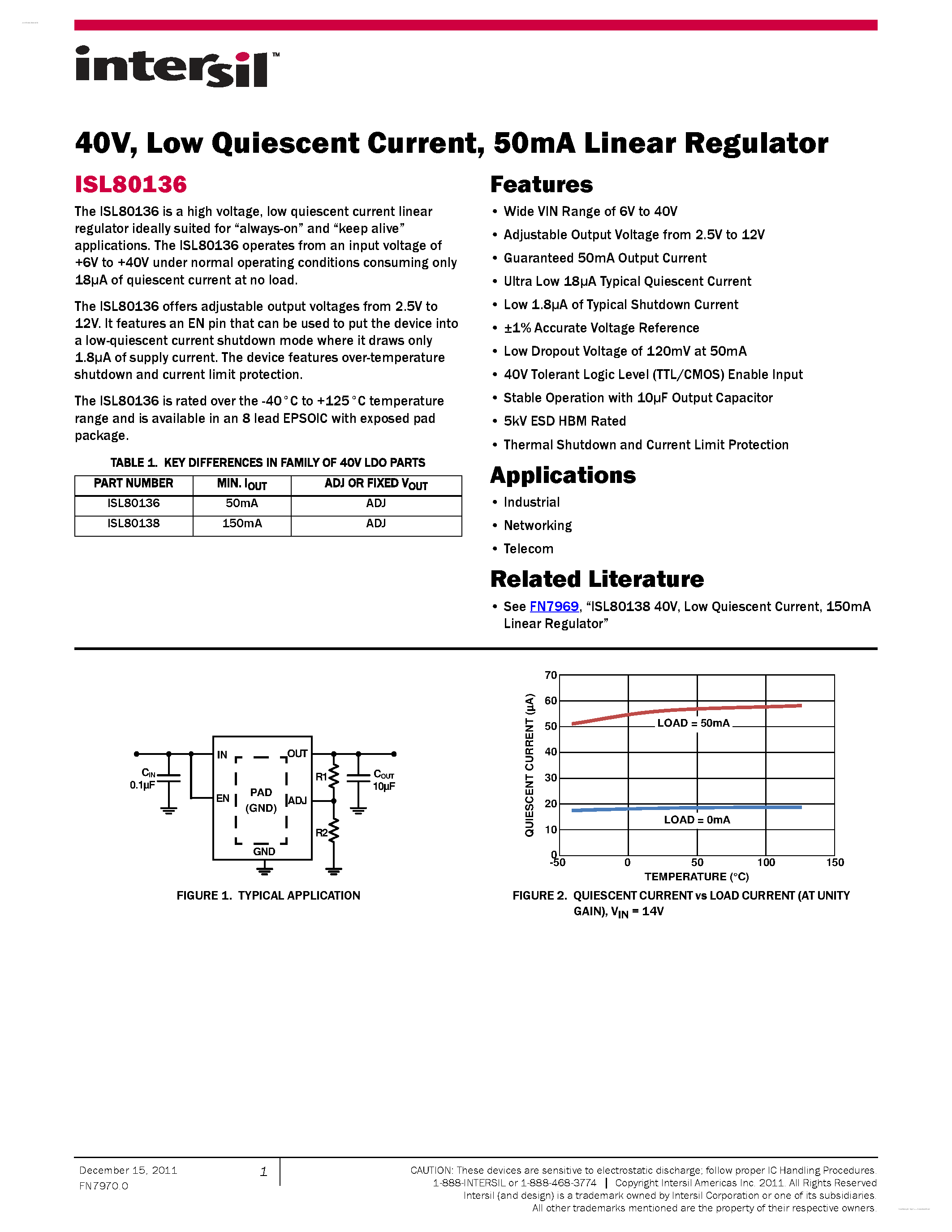 Datasheet ISL80136 page 1 Datasheet ISL80136 - 50mA Linear Regulator page 1