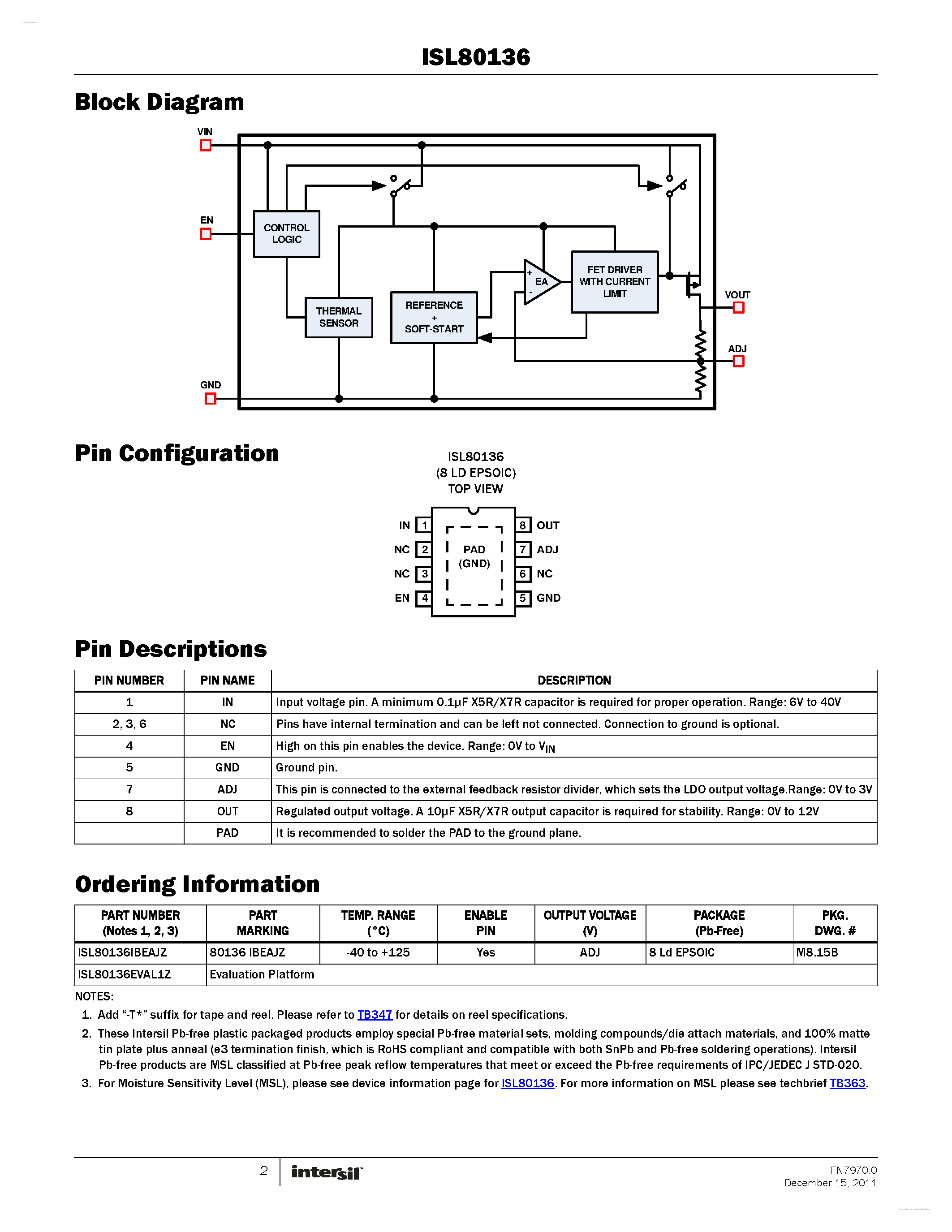 Datasheet ISL80136 page 2 Datasheet ISL80136 - 50mA Linear Regulator page 2