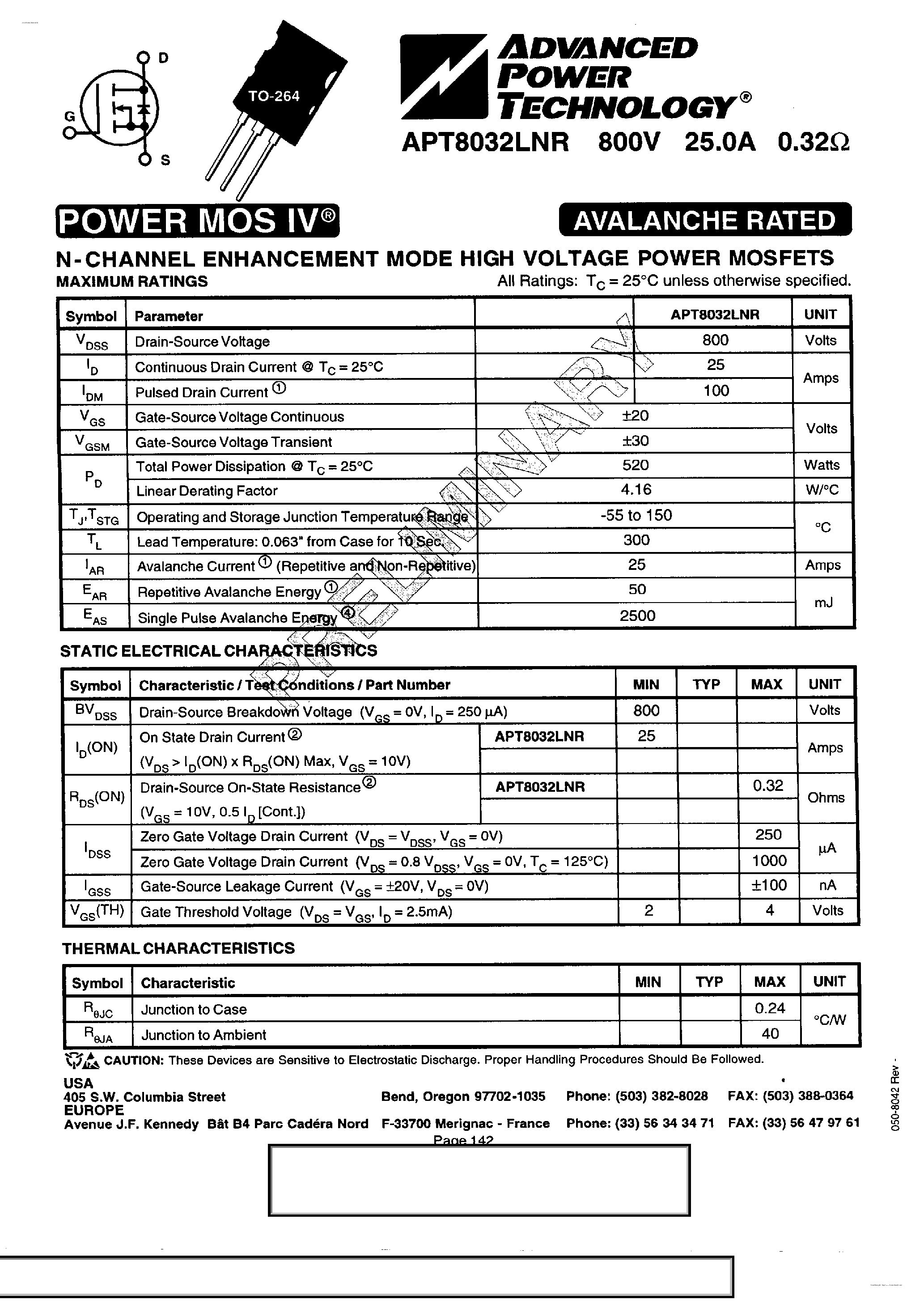 Datasheet APT8032LNR - N-Channel Enhancement Mode High Voltage Power MOSFETs page 1