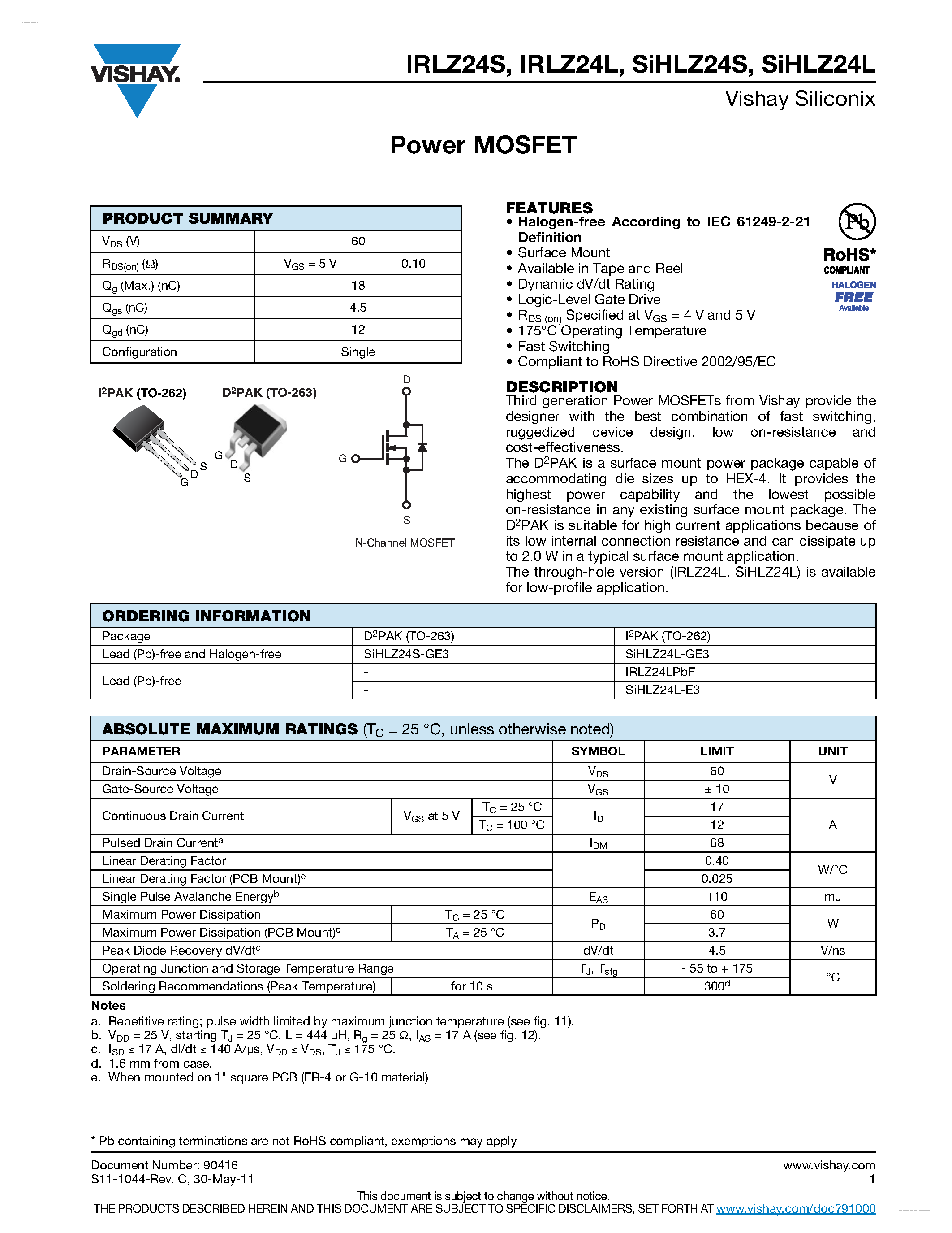 Даташит IRLZ24S - Power MOSFET страница 1