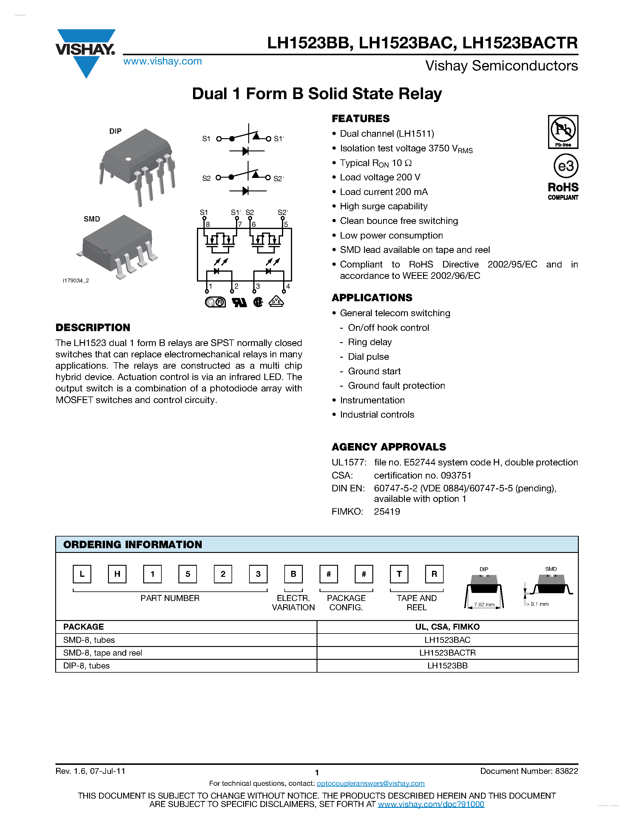 Даташит на микросхему LH1523BAC страница 1 Даташит LH1523BAC - Dual 1 Form B Solid State Relay страница 1
