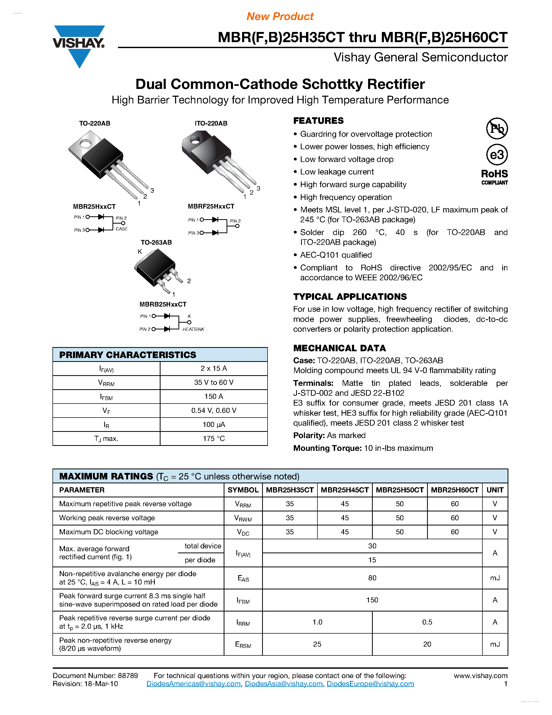 Даташит MBR25H35CT - (MBRB25H35CT - MBRB25H60CT) Dual Common-Cathode Schottky Rectifier страница 1