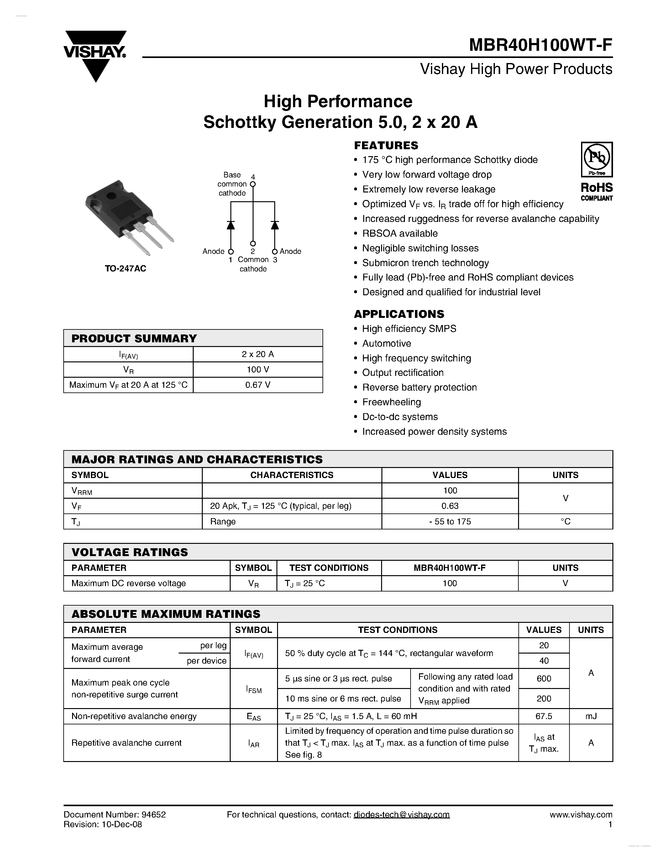 Даташит на микросхему MBR40H100WT-F страница 1 Даташит MBR40H100WT-F - High Performance Schottky Generation страница 1