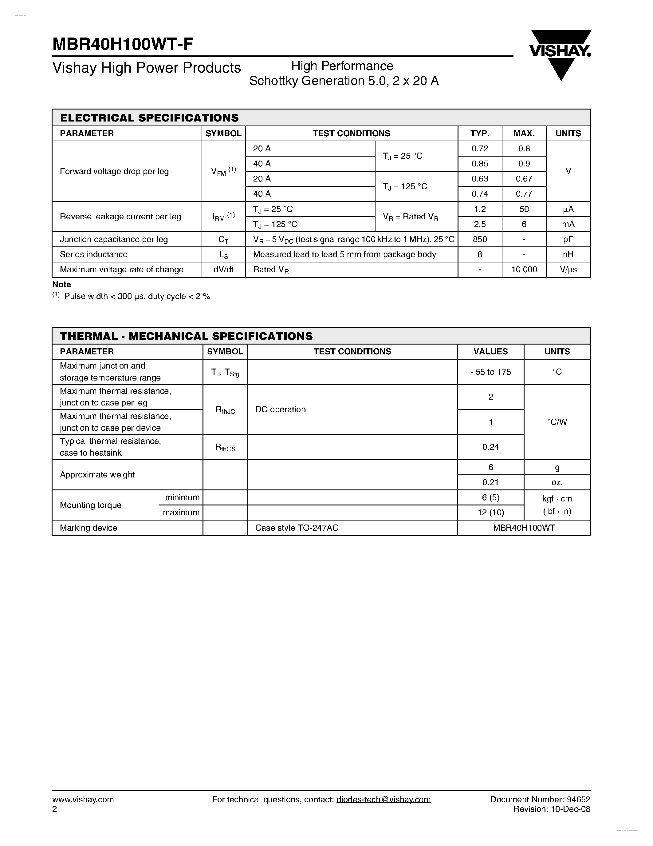 Даташит на микросхему MBR40H100WT-F страница 2 Даташит MBR40H100WT-F - High Performance Schottky Generation страница 2