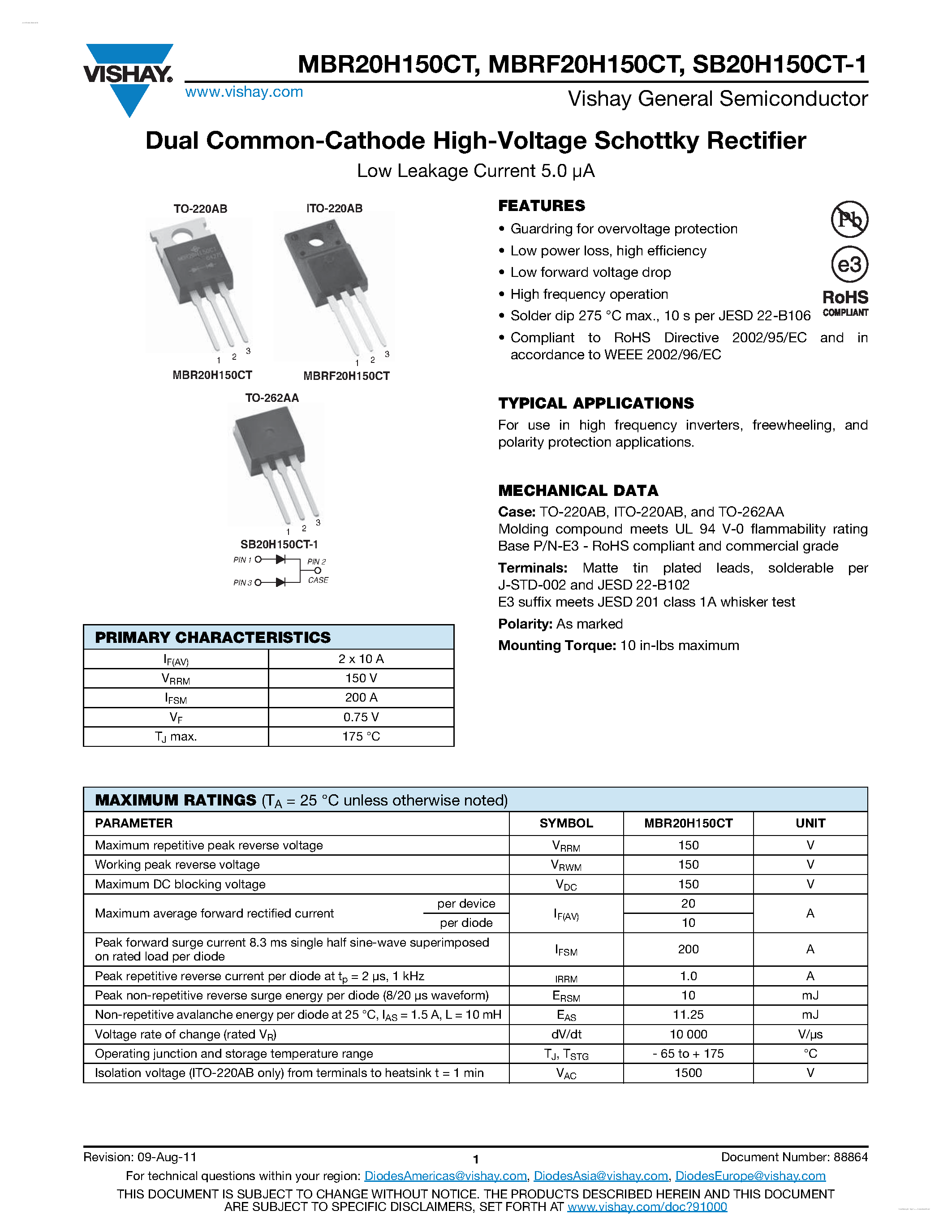 Datasheet SB20H150CT-1 - Dual Common-Cathode High-Voltage Schottky Rectifier page 1
