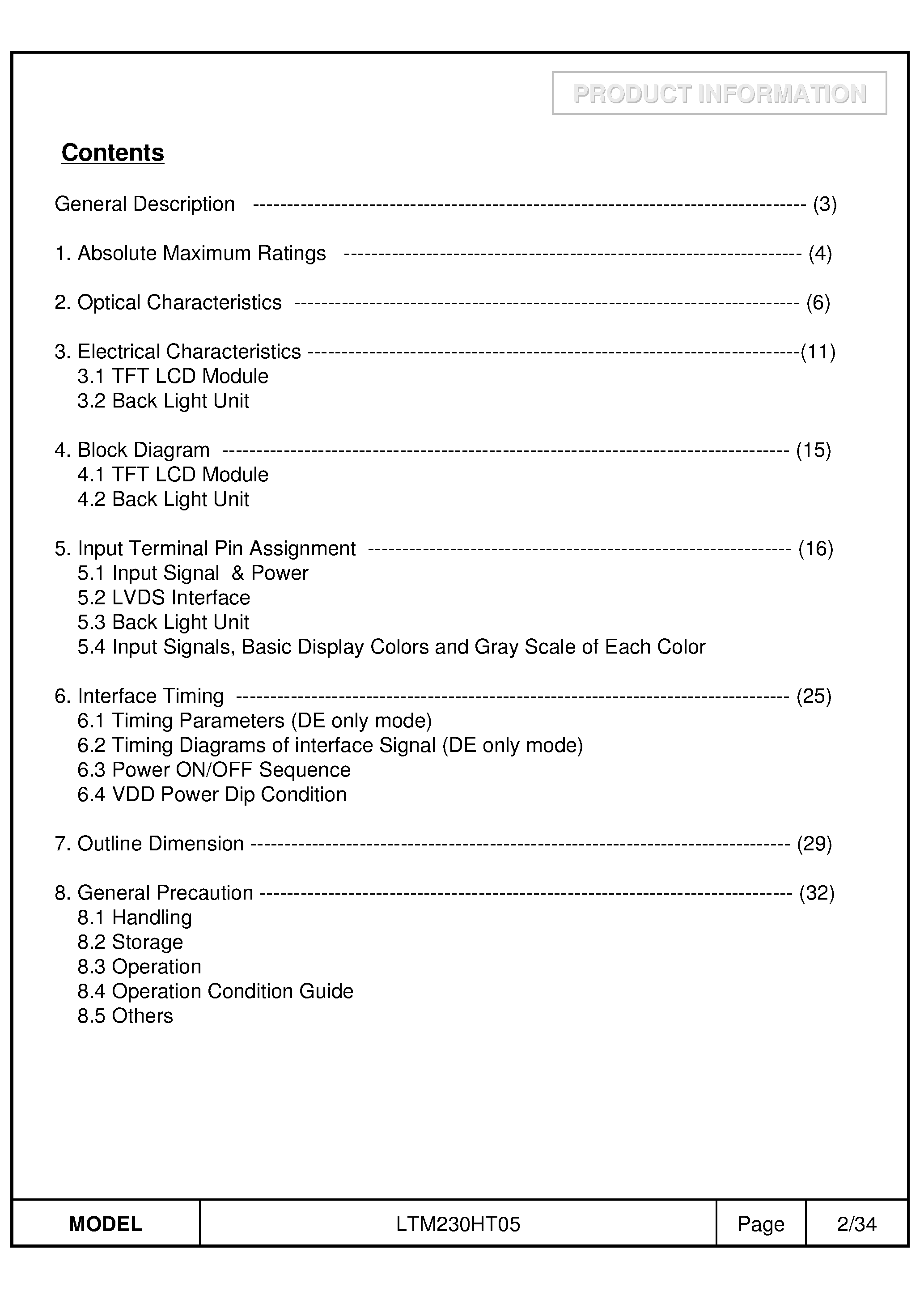 Datasheet LTM230HT05-V page 2 Datasheet LTM230HT05-V - Display Module page 2