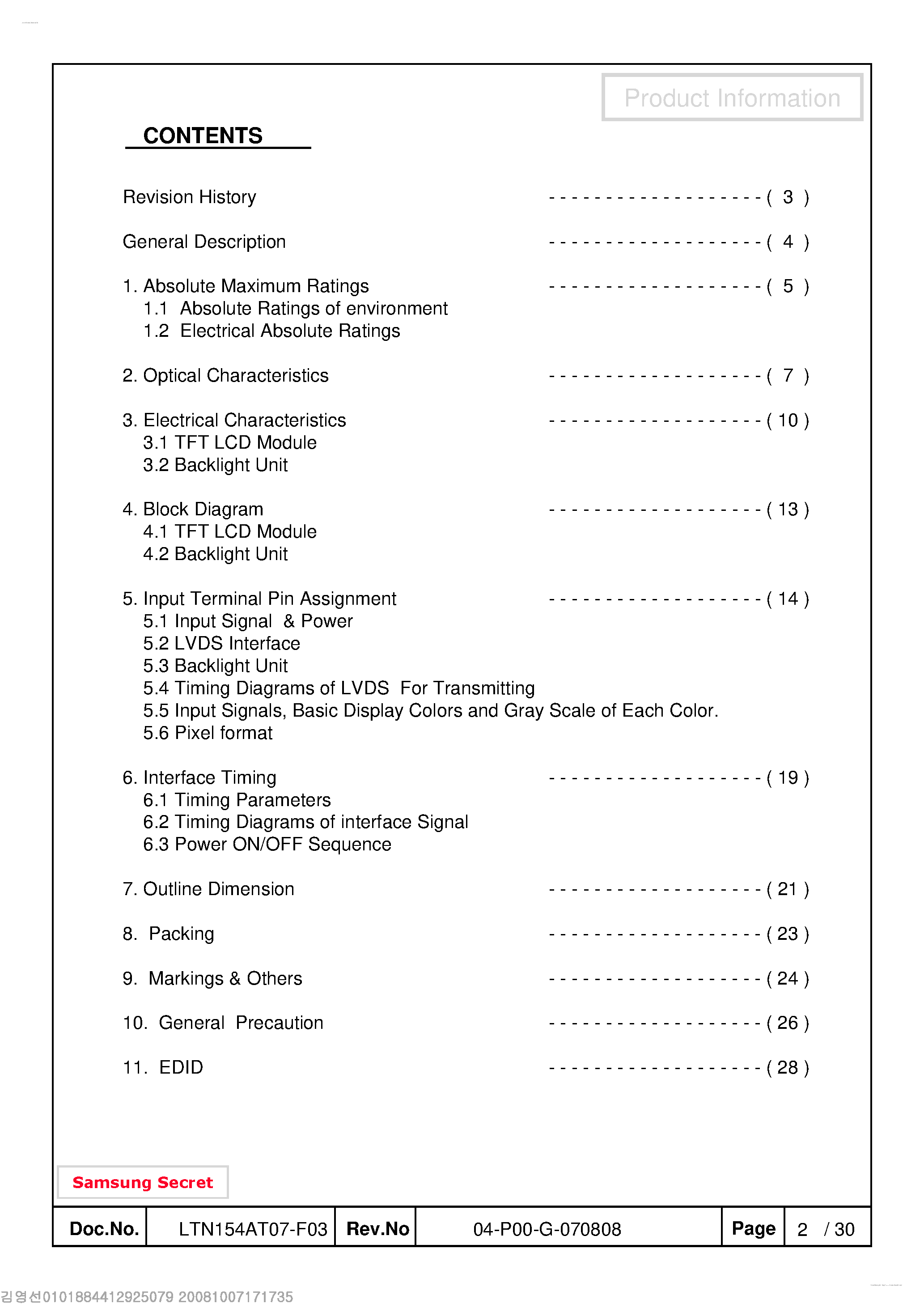 Даташит на микросхему LTN154AT07-F страница 2 Даташит LTN154AT07-F - Display Module страница 2