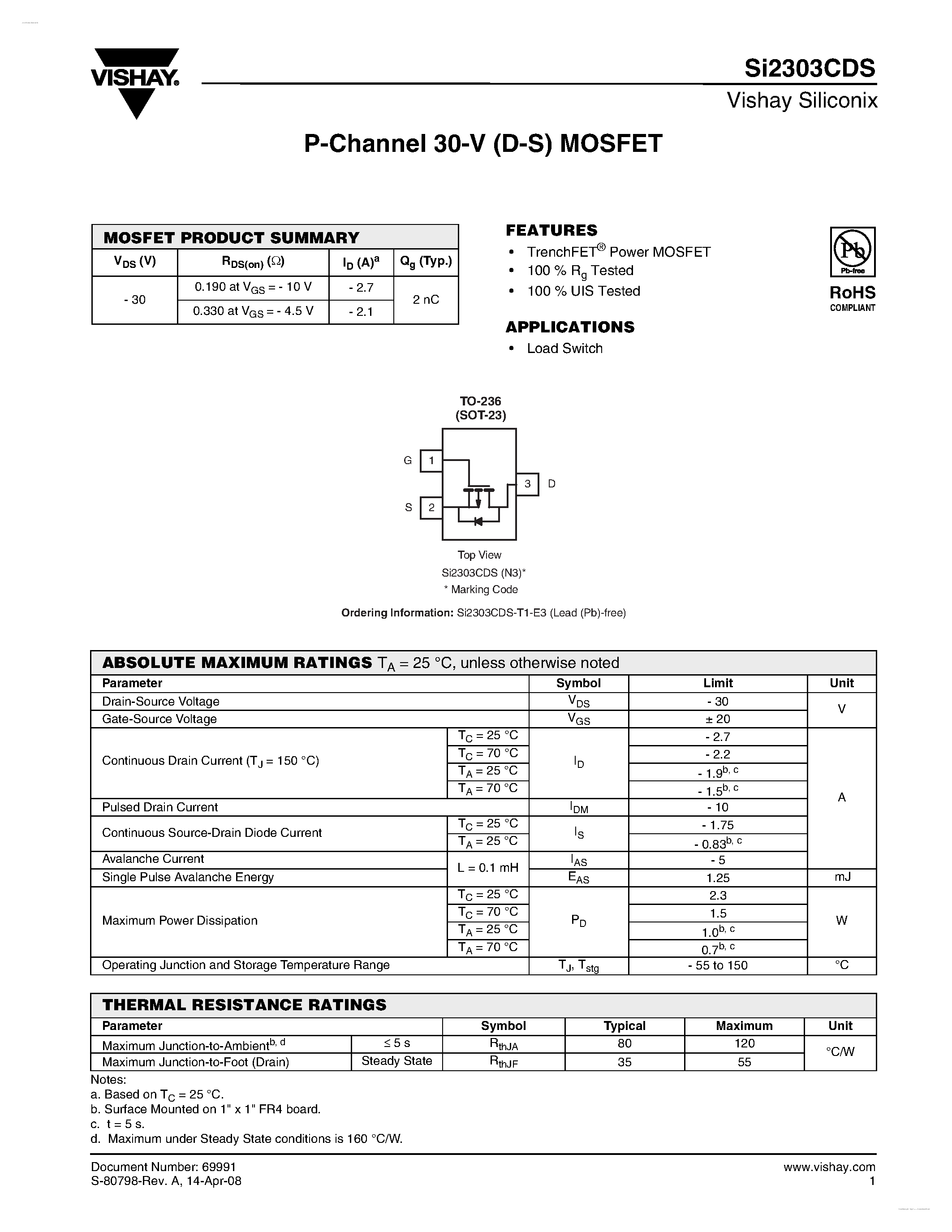 Даташит на микросхему SI2303CDS страница 1 Даташит SI2303CDS - P-Channel MOSFET страница 1