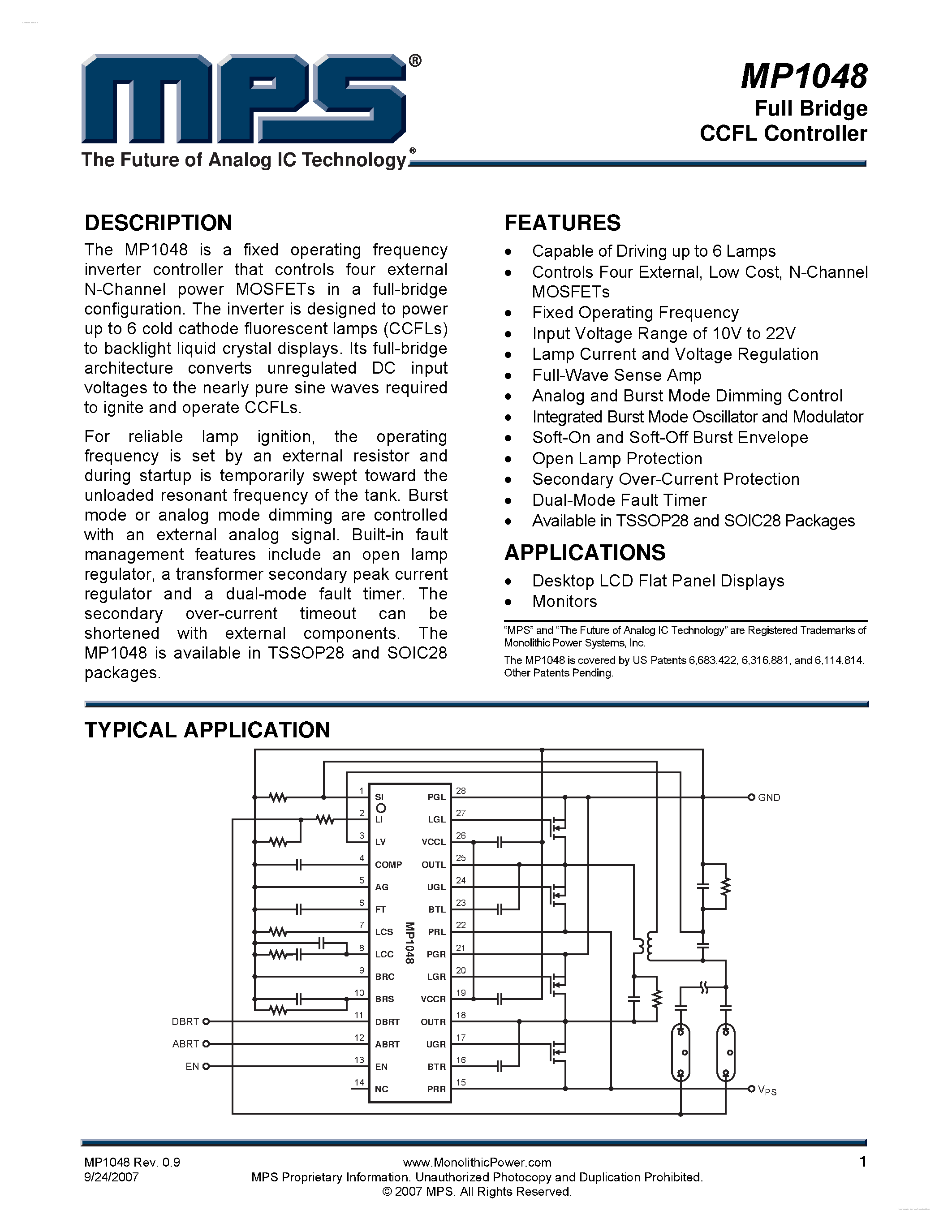 Даташит MP1048 - Full Bridge CCFL Controller страница 1