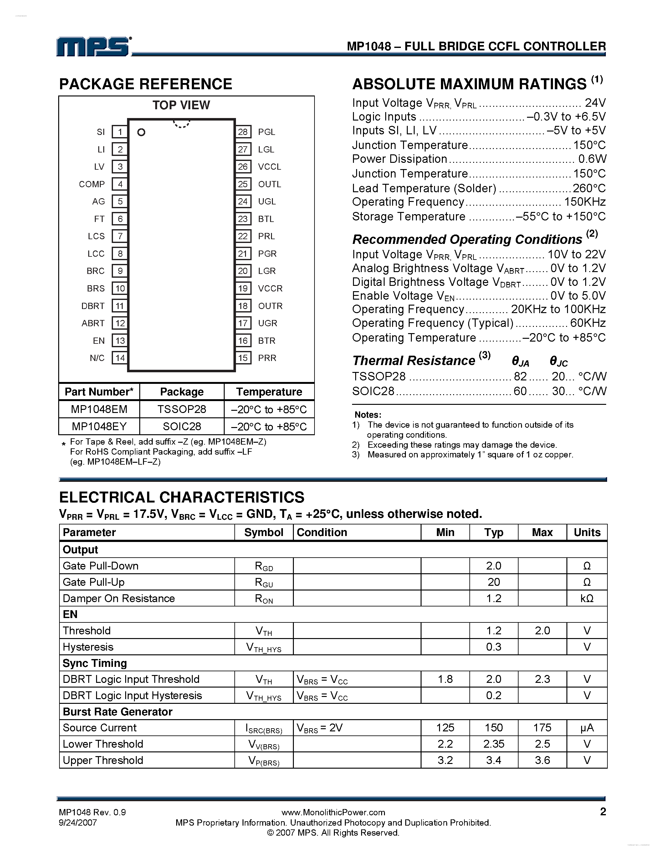 Даташит MP1048 - Full Bridge CCFL Controller страница 2