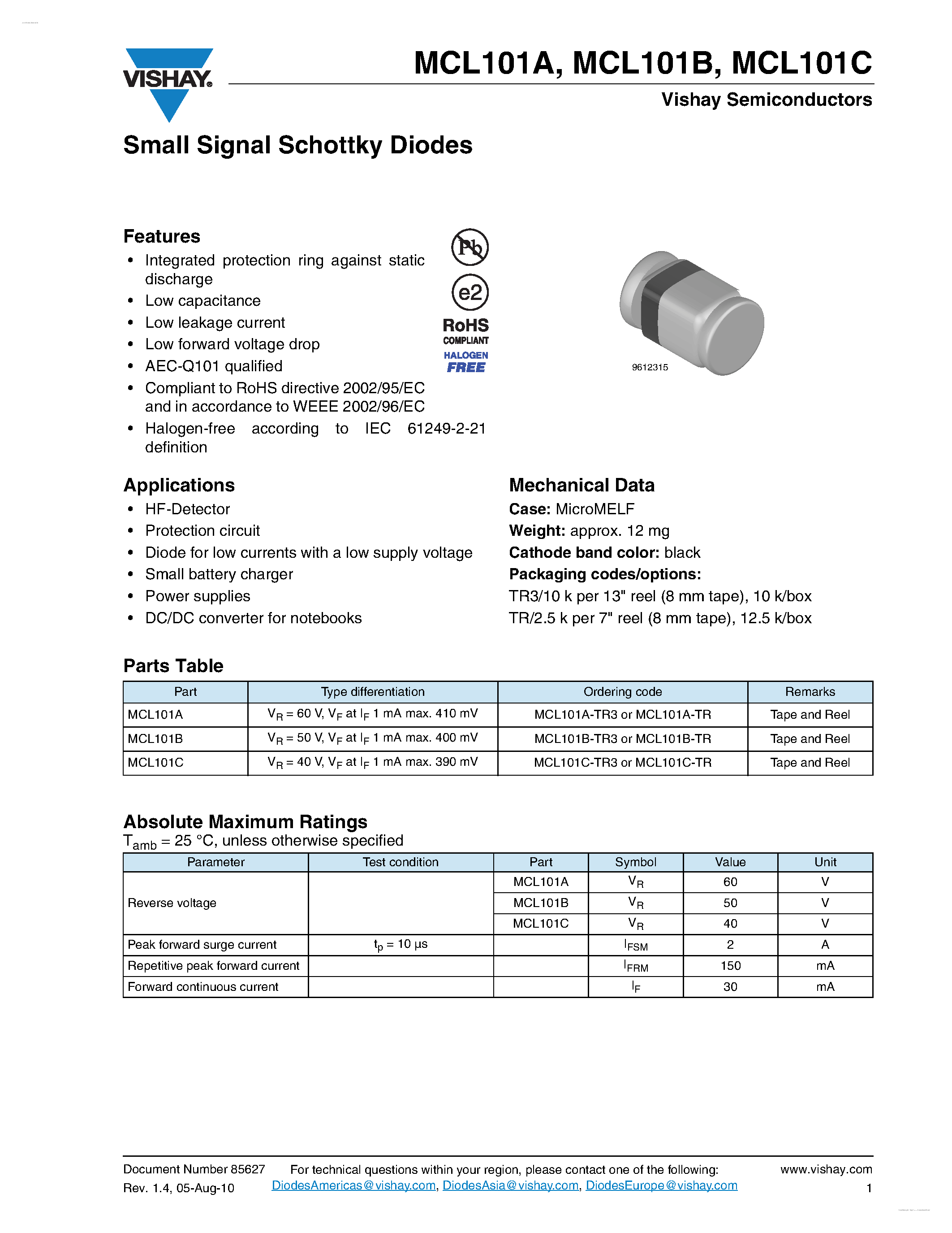 Даташит на микросхему MCL101A страница 1 Даташит MCL101A - Small Signal Schottky Diodes страница 1