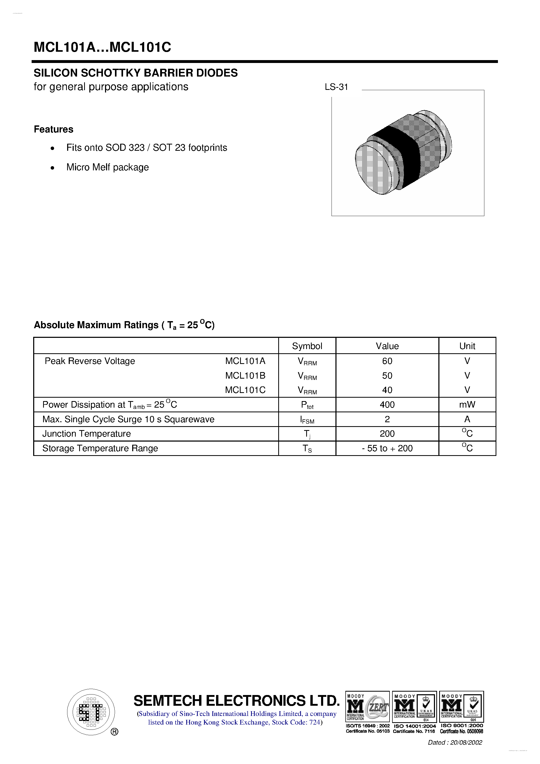 Даташит на микросхему MCL101A страница 1 Даташит MCL101A - SILICON SCHOTTKY BARRIER DIODES страница 1