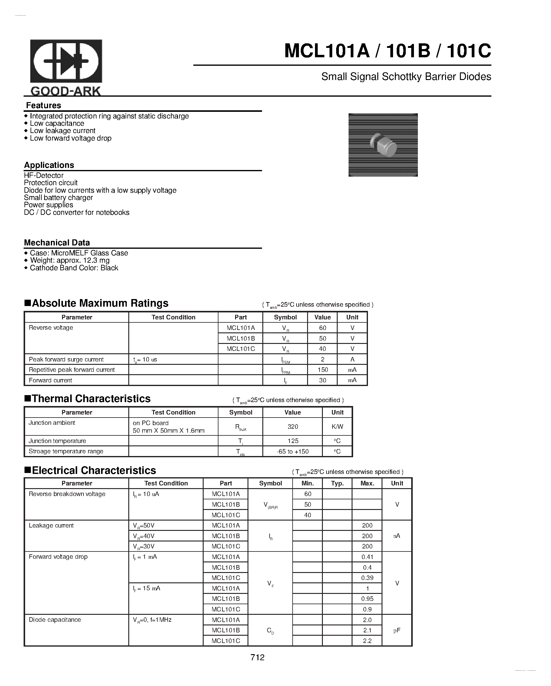 Даташит на микросхему MCL101A страница 1 Даташит MCL101A - Small Signal Schottky Barrier Diodes страница 1
