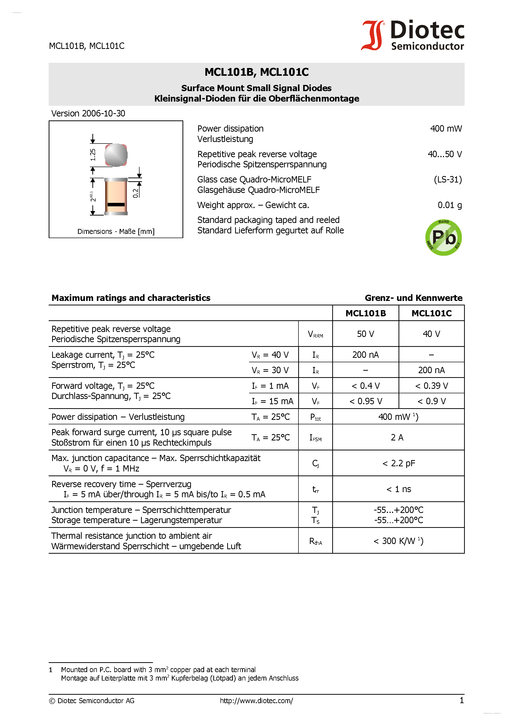 Даташит на микросхему MCL101C страница 1 Даташит MCL101C - Surface Mount Small Signal Diodes страница 1