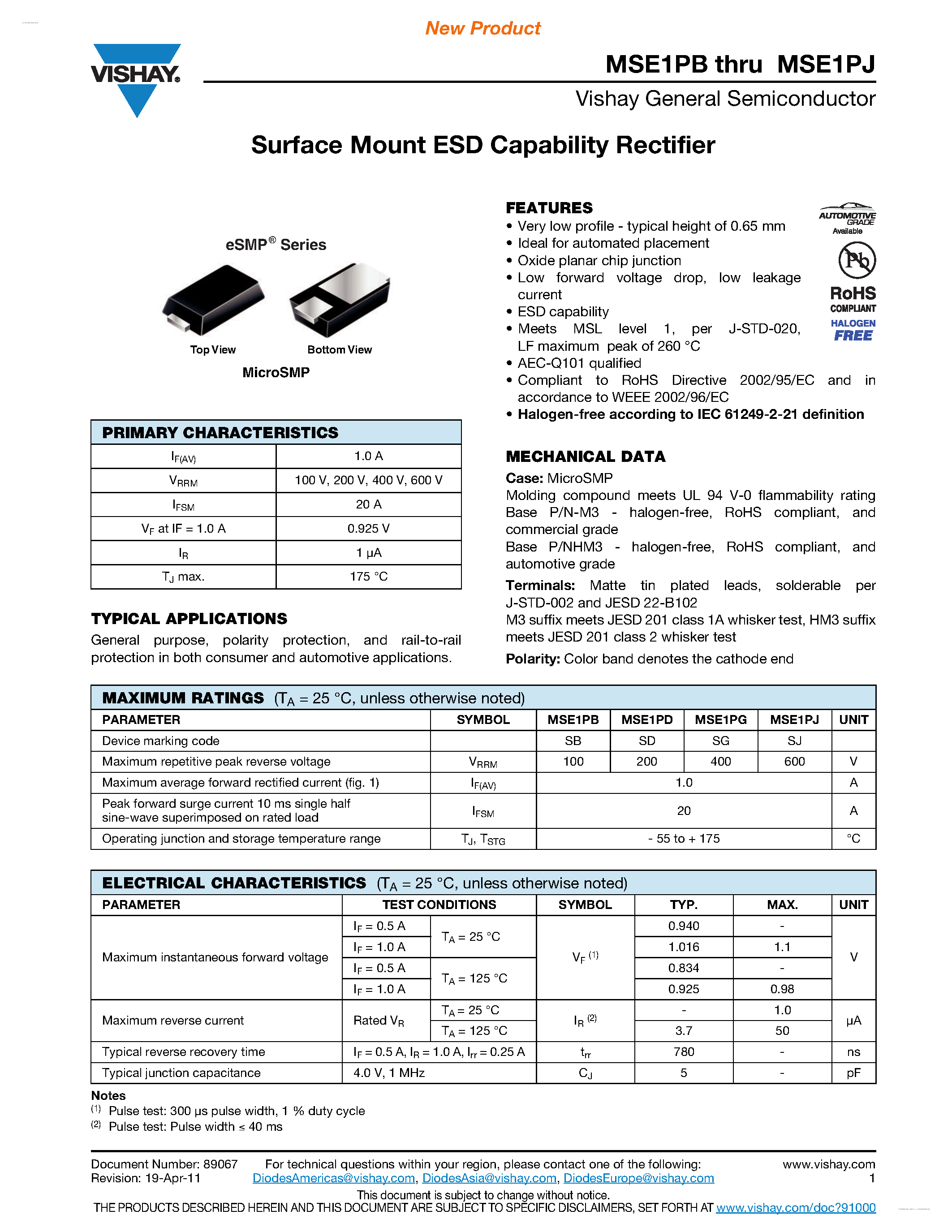 Даташит MSE1PB - Surface Mount ESD Capability Rectifier страница 1