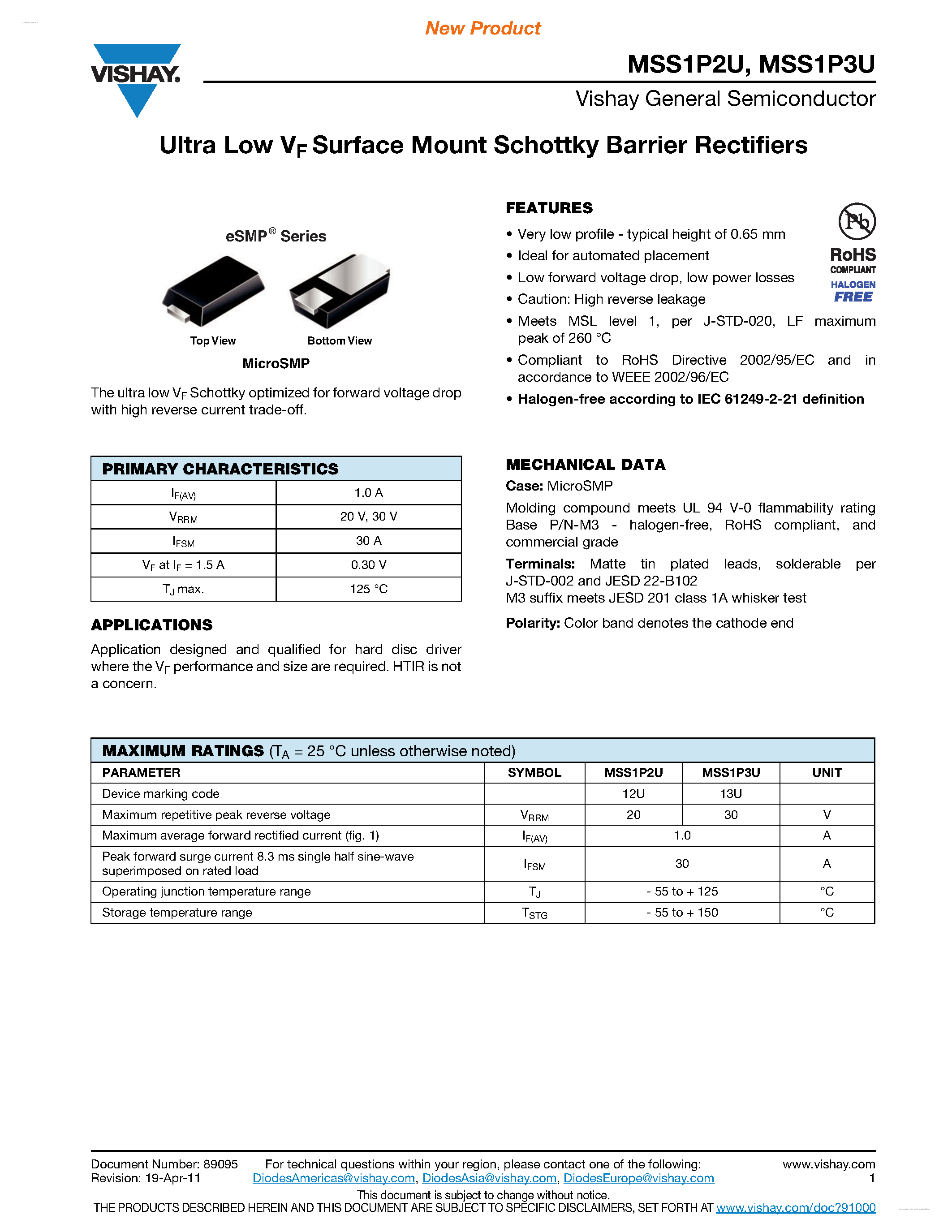 Datasheet MSS1P2U page 1 Datasheet MSS1P2U - (MSS1P2U / MSS1P3U) Ultra Low VF Surface Mount Schottky Barrier Rectifiers page 1