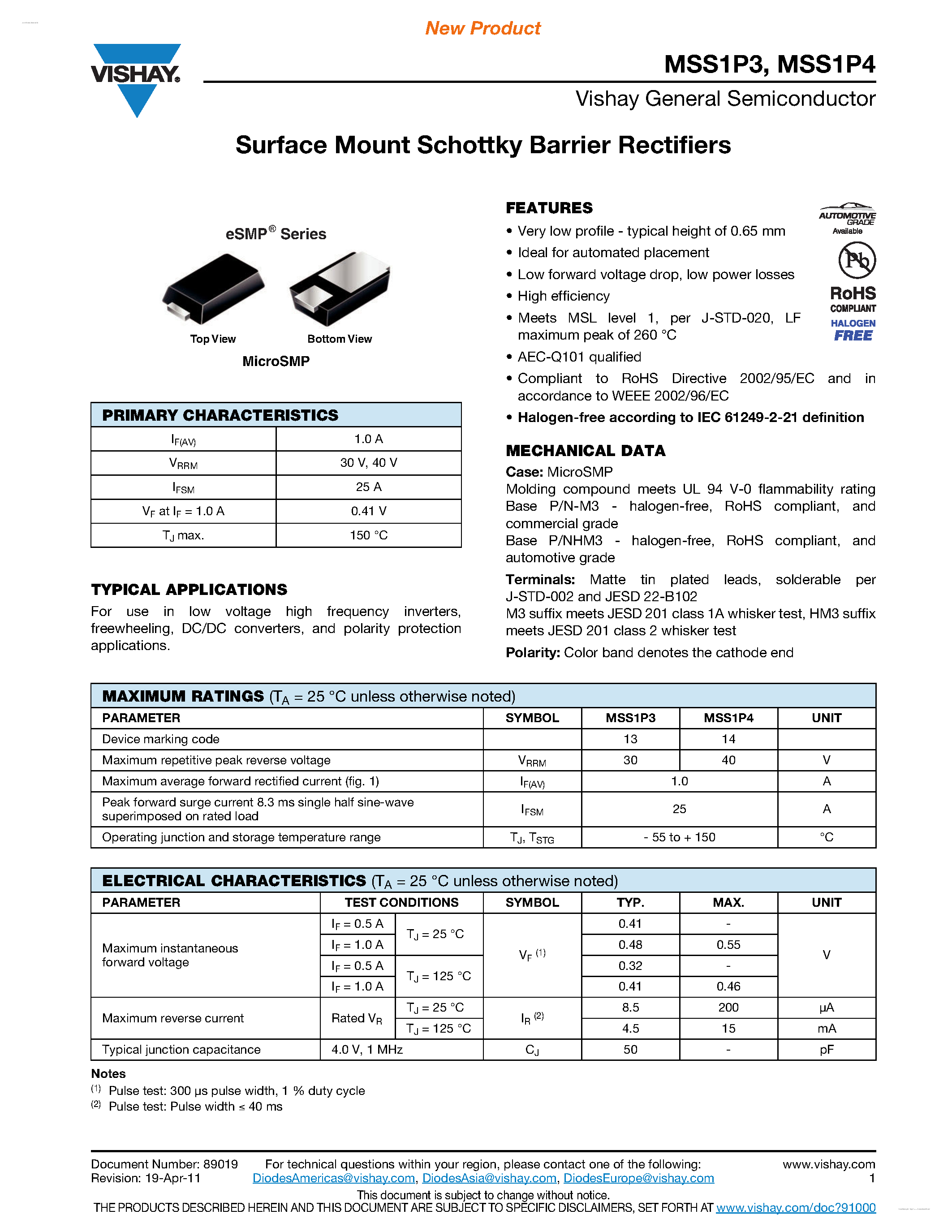 Datasheet MSS1P3 page 1 Datasheet MSS1P3 - (MSS1P3 / MSS1P4) Surface Mount Schottky Barrier Rectifiers page 1