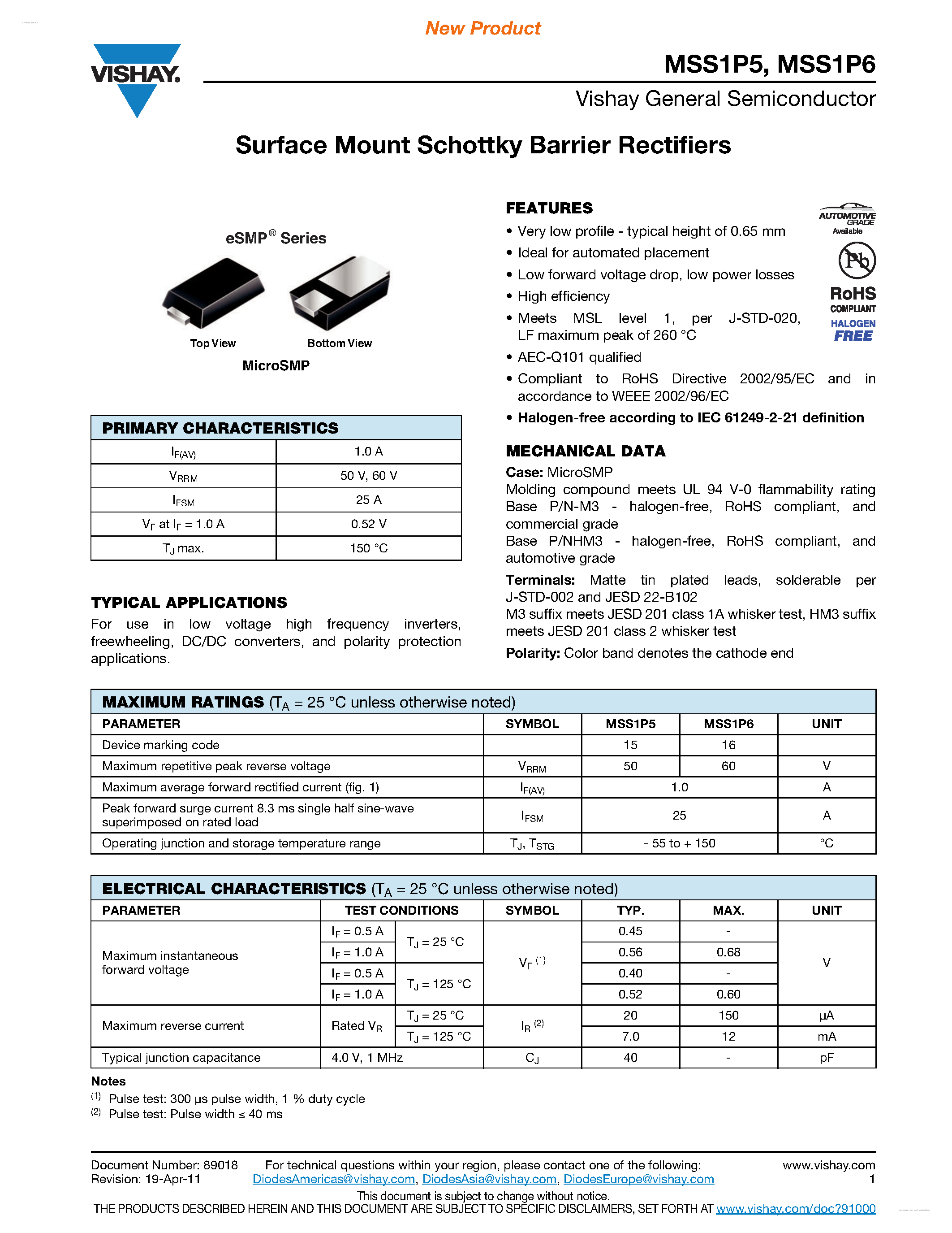 Datasheet MSS1P5 page 1 Datasheet MSS1P5 - (MSS1P5 / MSS1P6) Surface Mount Schottky Barrier Rectifiers page 1