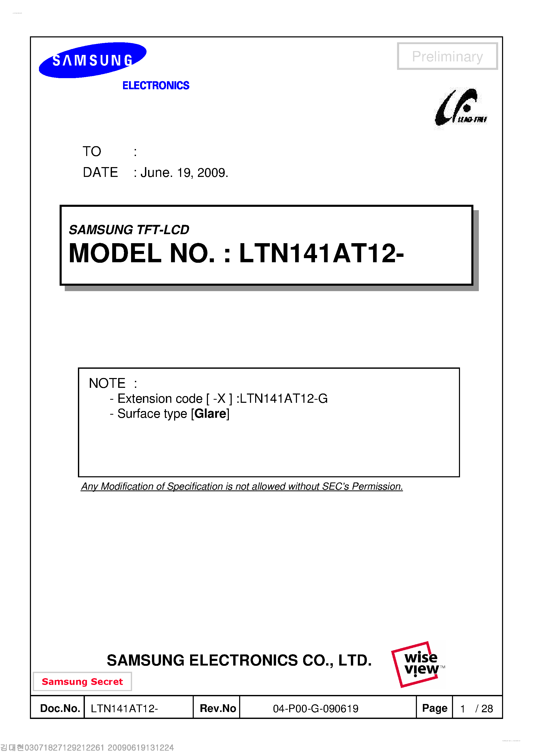 Даташит LTN141AT12-G - Display Module страница 1