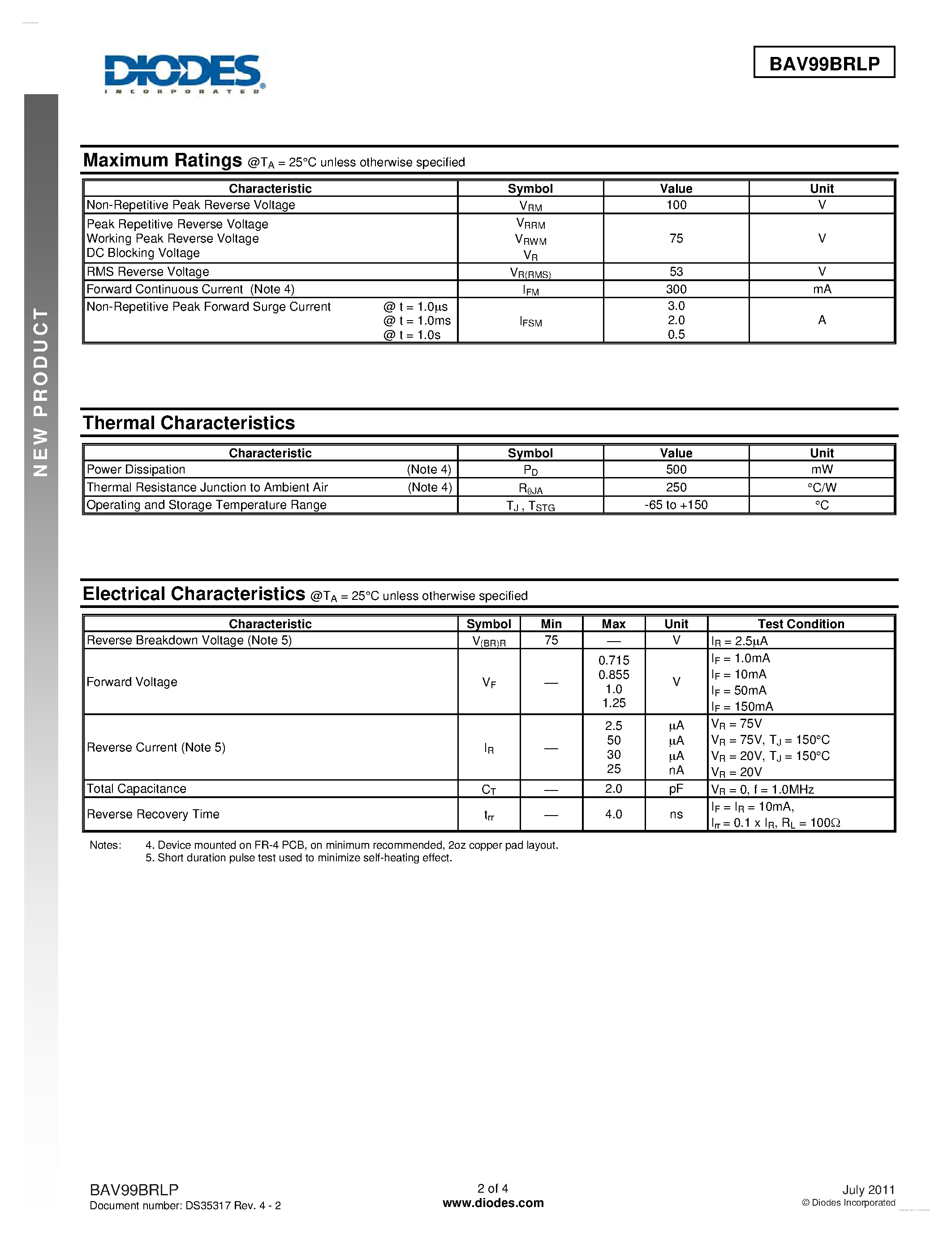 Datasheet BAV99BRLP - SURFACE MOUNT SWITCHING DIODE ARRAY page 2