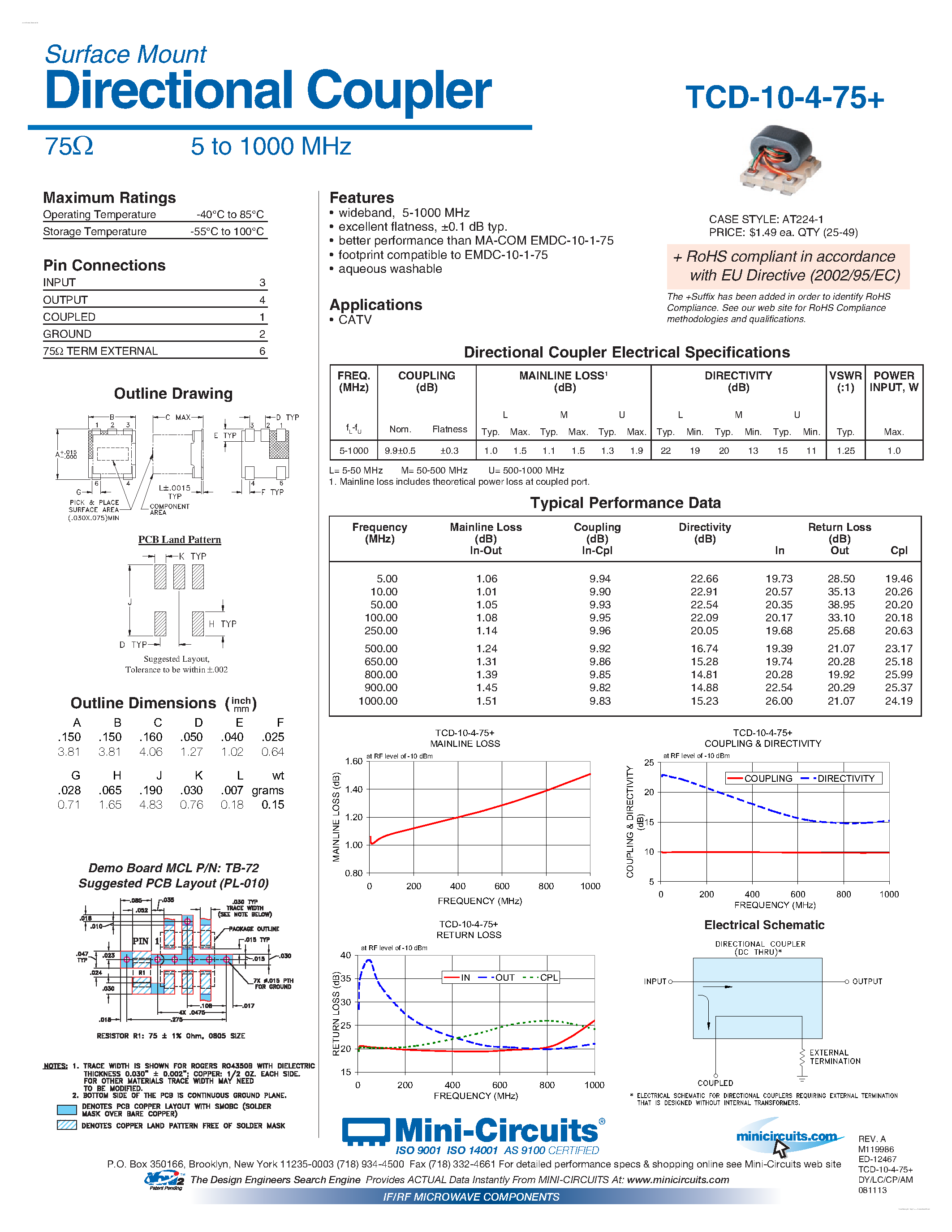 Datasheet TCD-10-4-75+ page 1 Datasheet TCD-10-4-75+ - Directional Coupler page 1