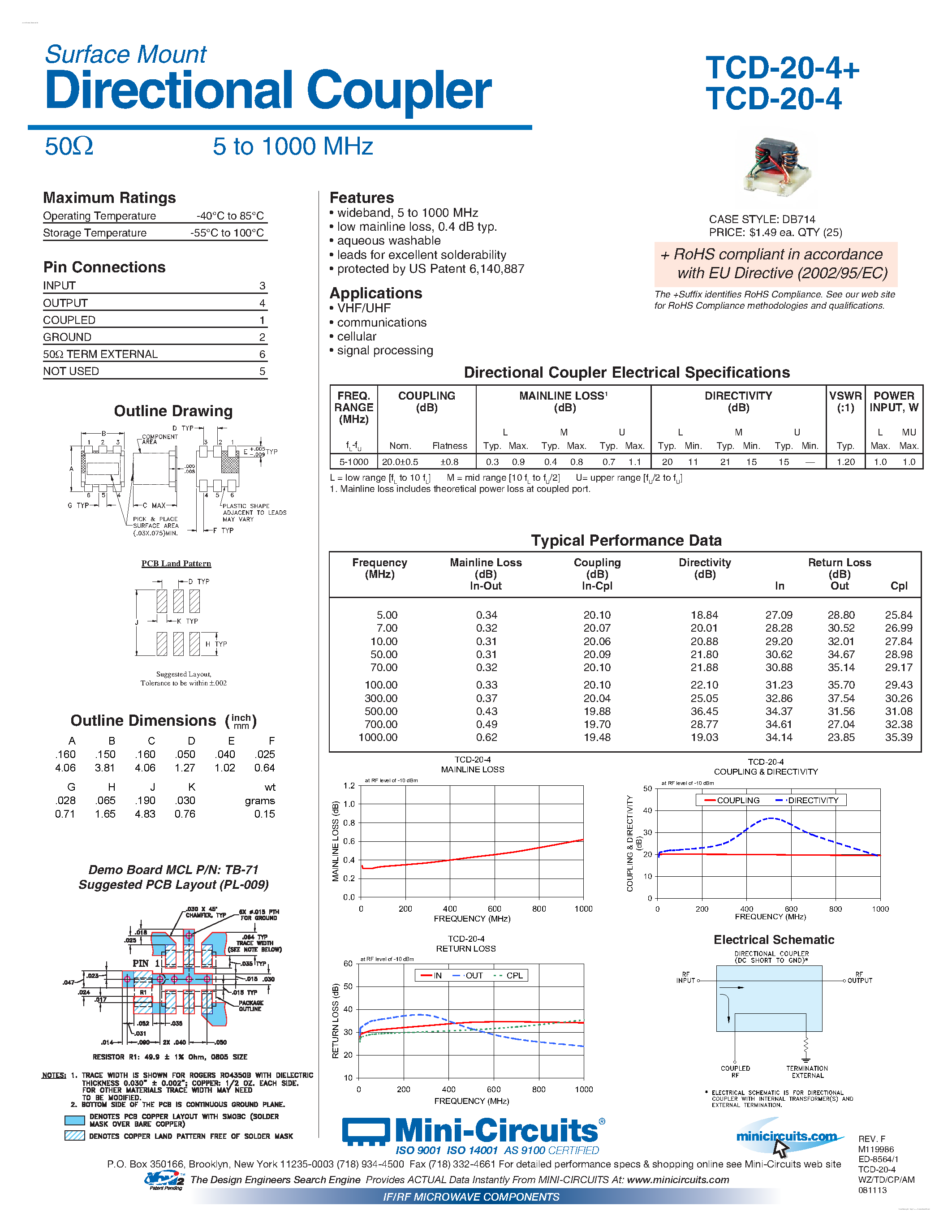 Datasheet TCD-20-4 - Directional Coupler page 1