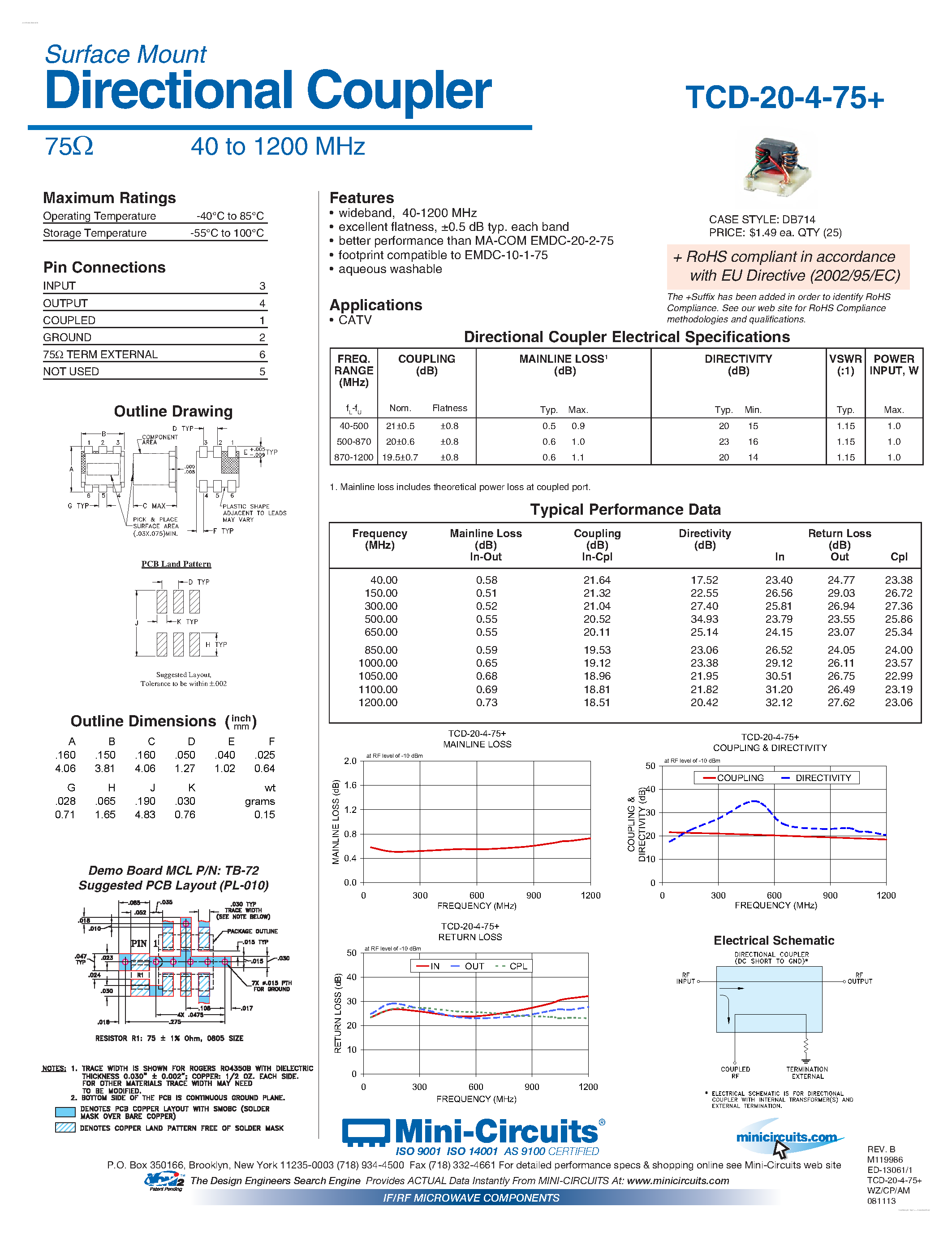 Datasheet TCD-20-4-75+ page 1 Datasheet TCD-20-4-75+ - Directional Coupler page 1