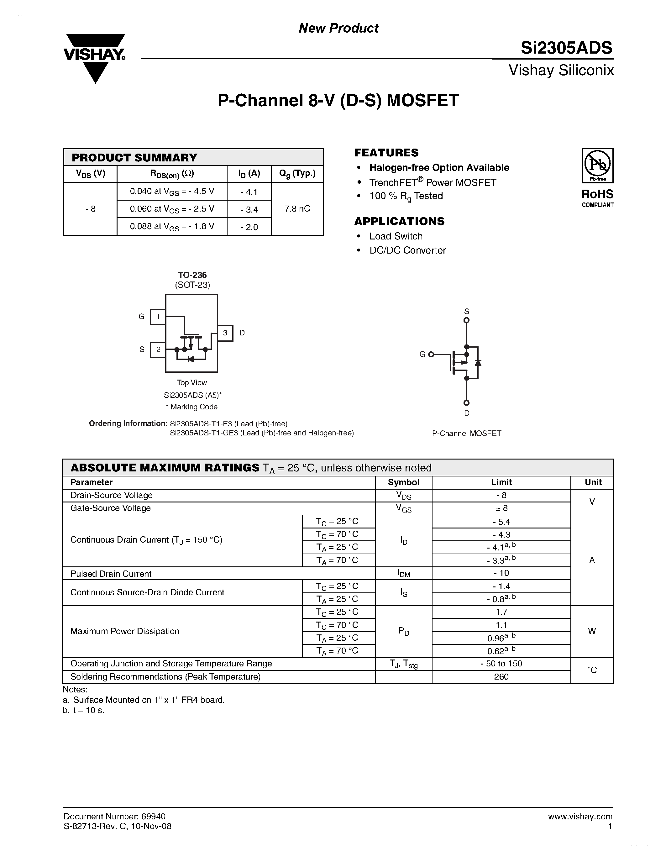 Datasheet SI2305ADS - P-Channel 8-V (D-S) MOSFET page 1
