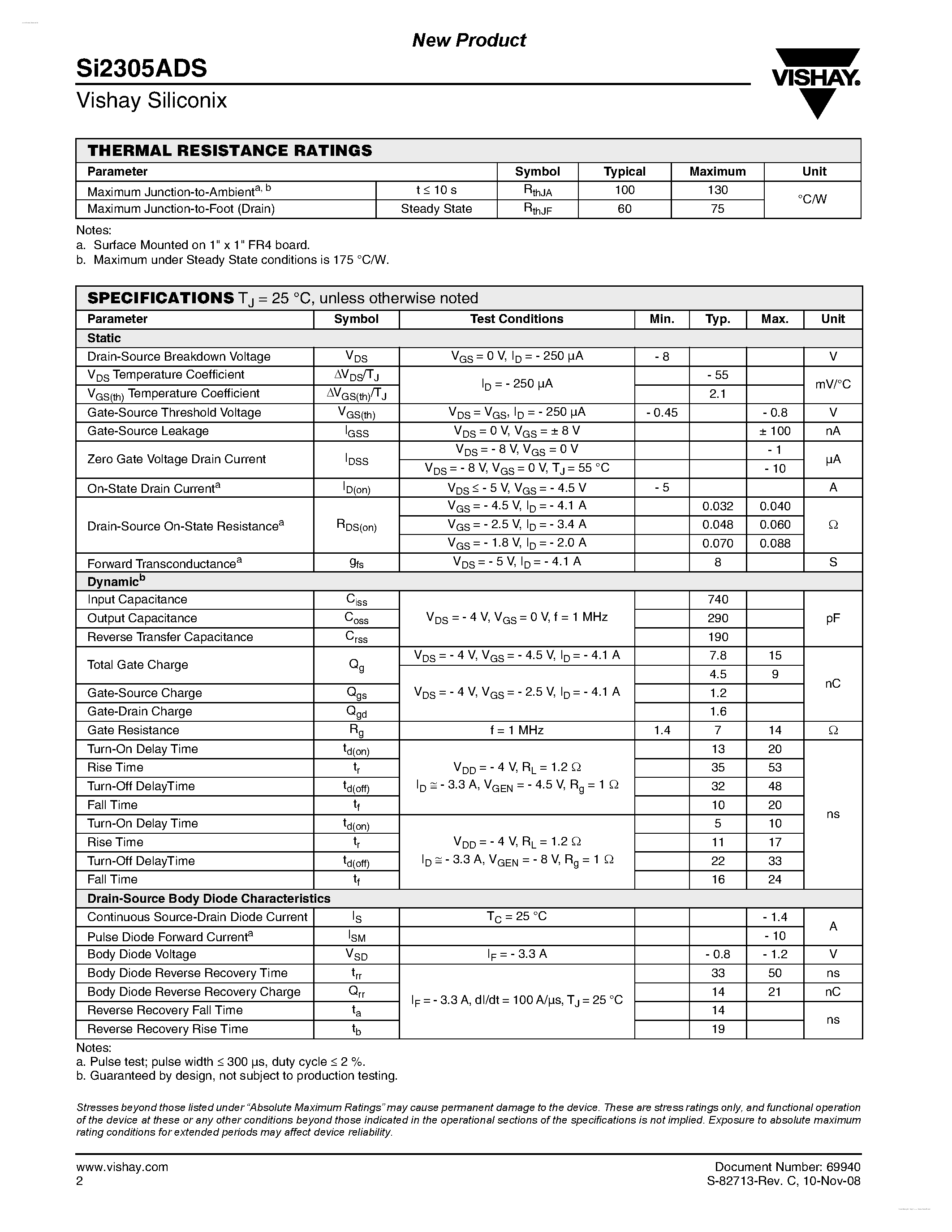Datasheet SI2305ADS - P-Channel 8-V (D-S) MOSFET page 2