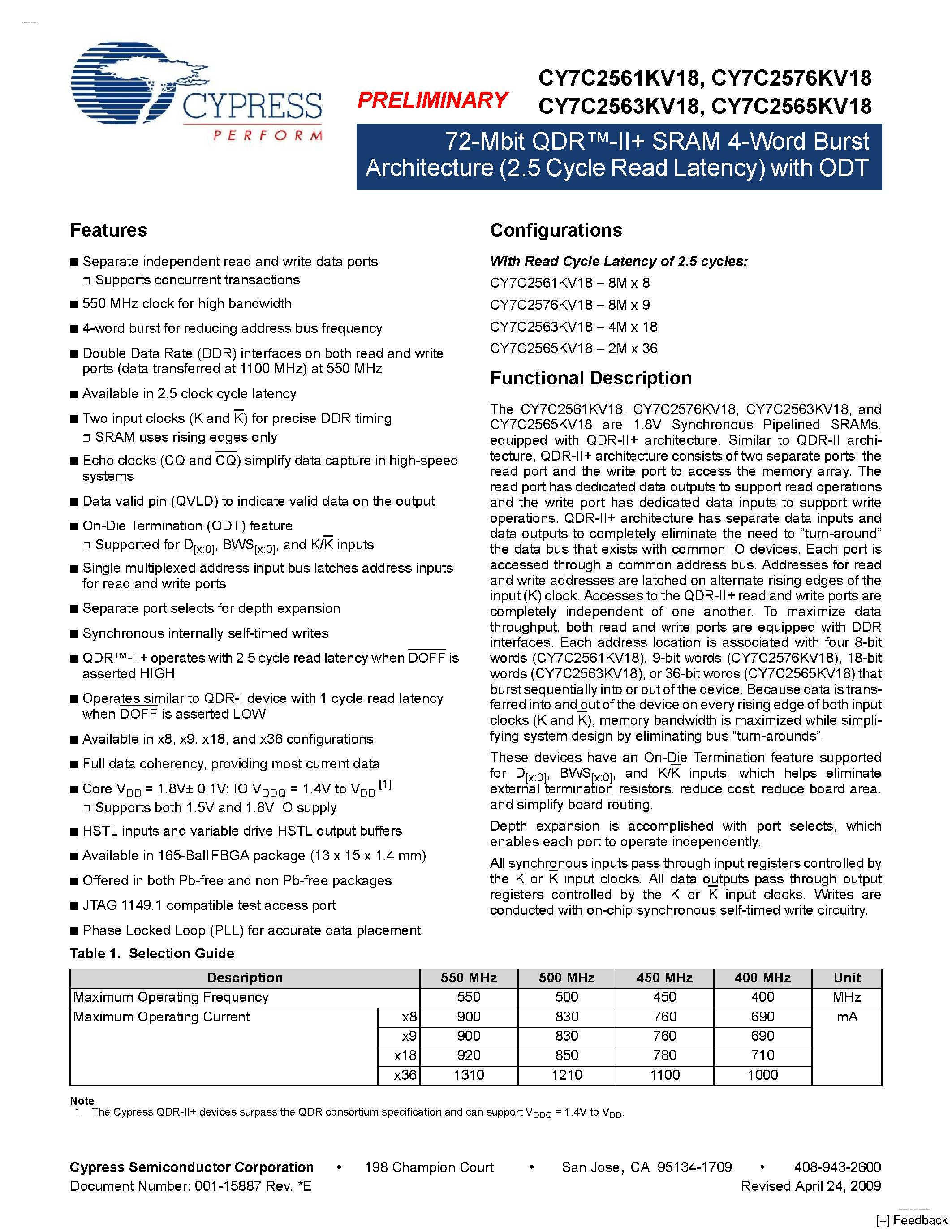 Datasheet CY7C2561KV18 page 1 Datasheet CY7C2561KV18 - 72-Mbit QDR-II SRAM 4-Word Burst Architecture page 1
