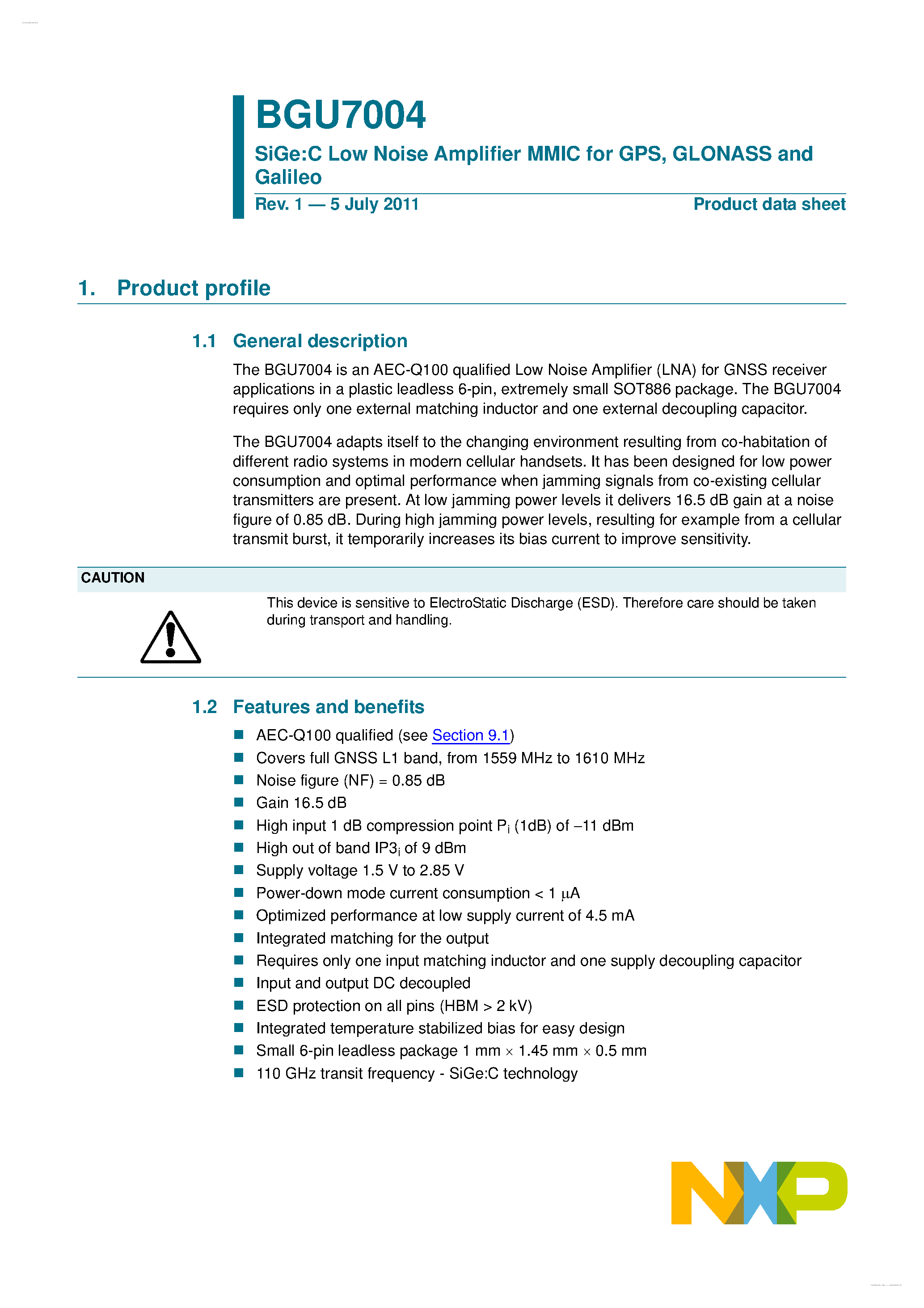 Даташит BGU7004 - SiGe:C Low Noise Amplifier MMIC страница 1