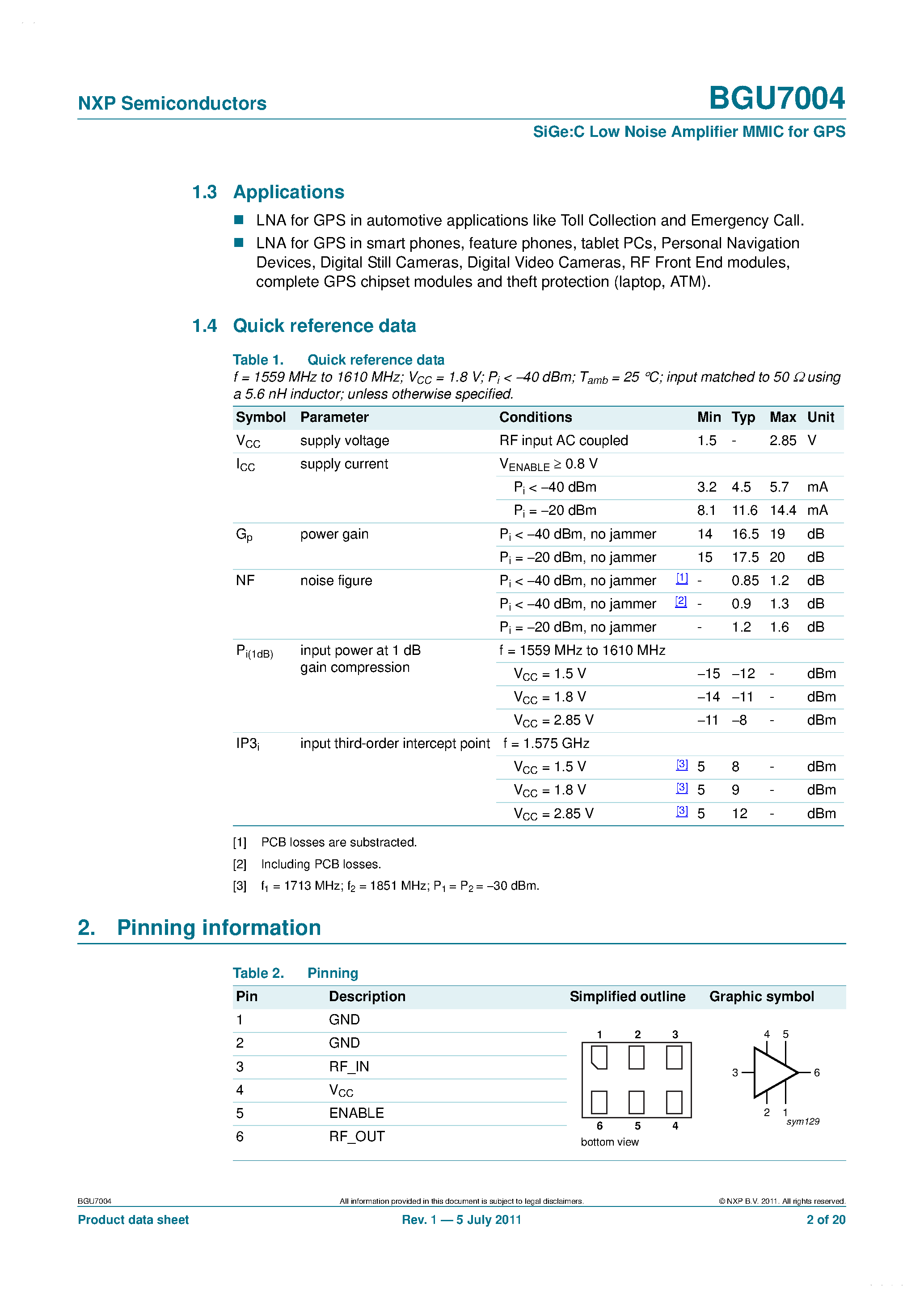 Даташит BGU7004 - SiGe:C Low Noise Amplifier MMIC страница 2