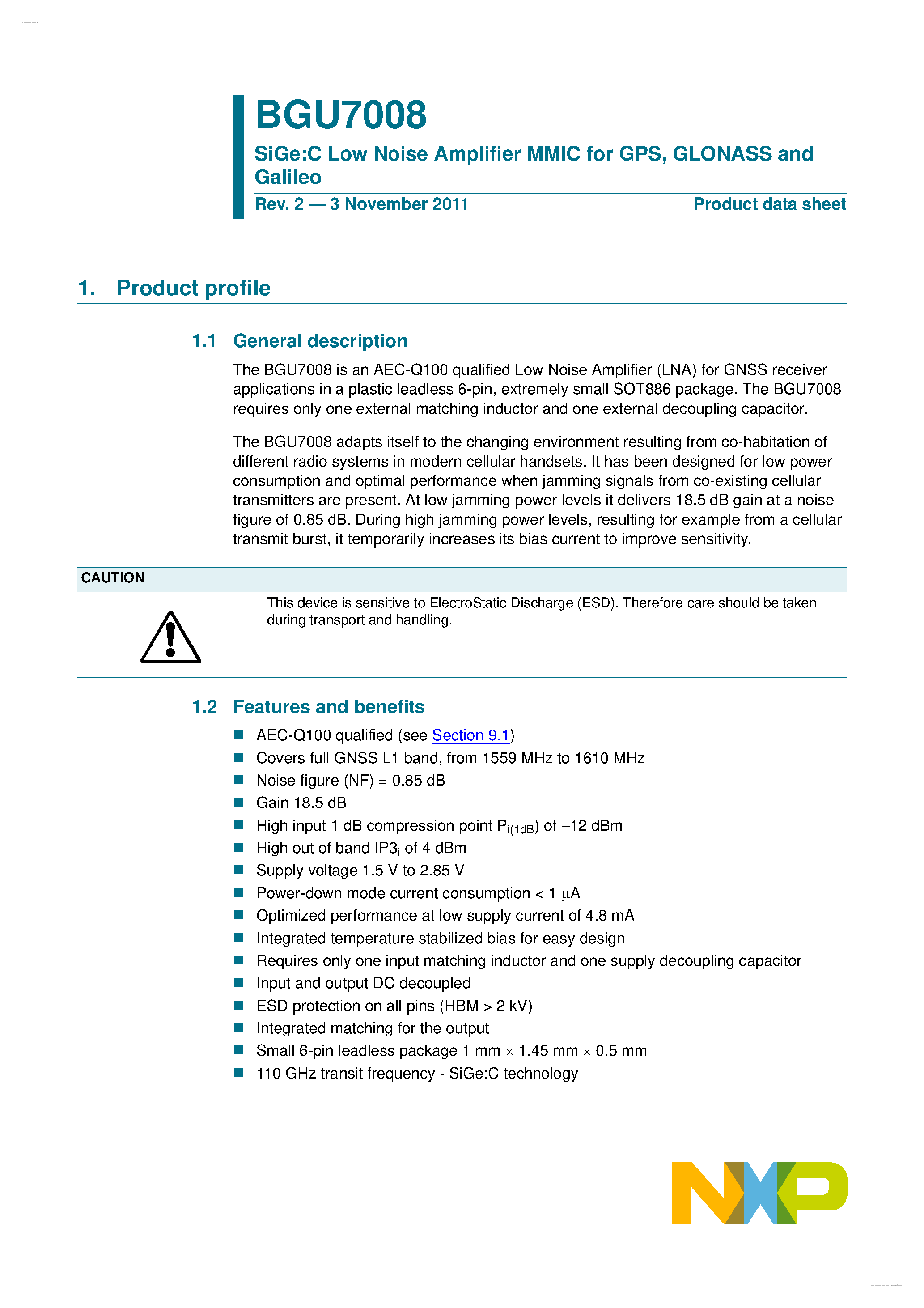 Даташит BGU7008 - SiGe:C Low Noise Amplifier MMIC страница 1