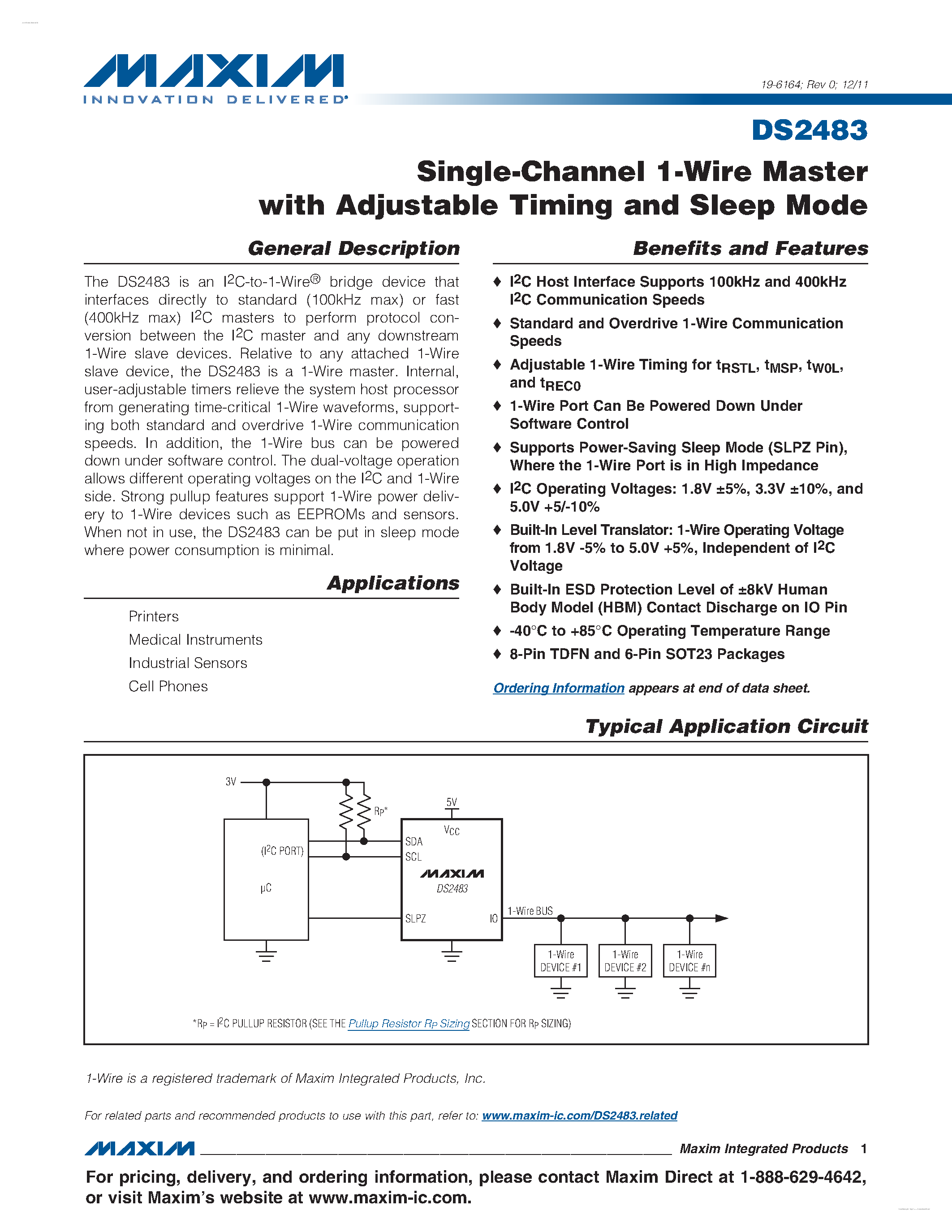 Даташит DS2483 - Single-Channel 1-Wire Master страница 1