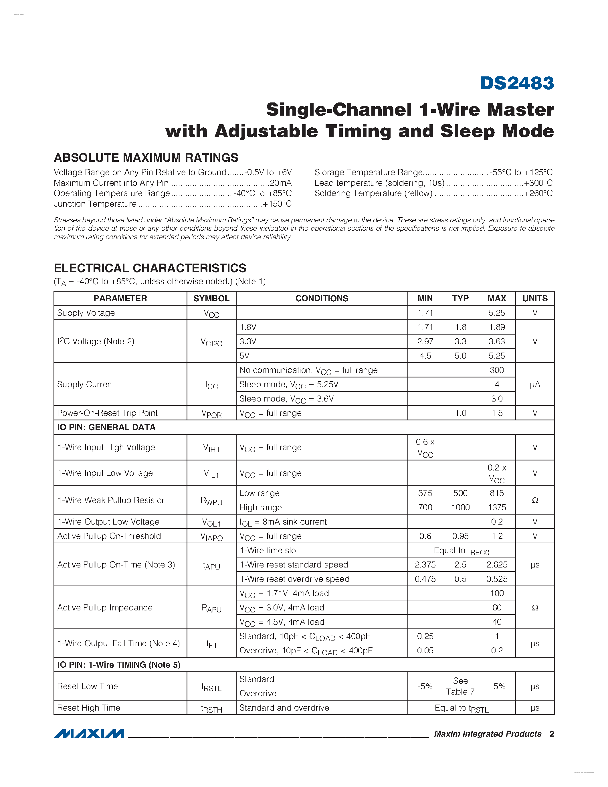 Даташит DS2483 - Single-Channel 1-Wire Master страница 2