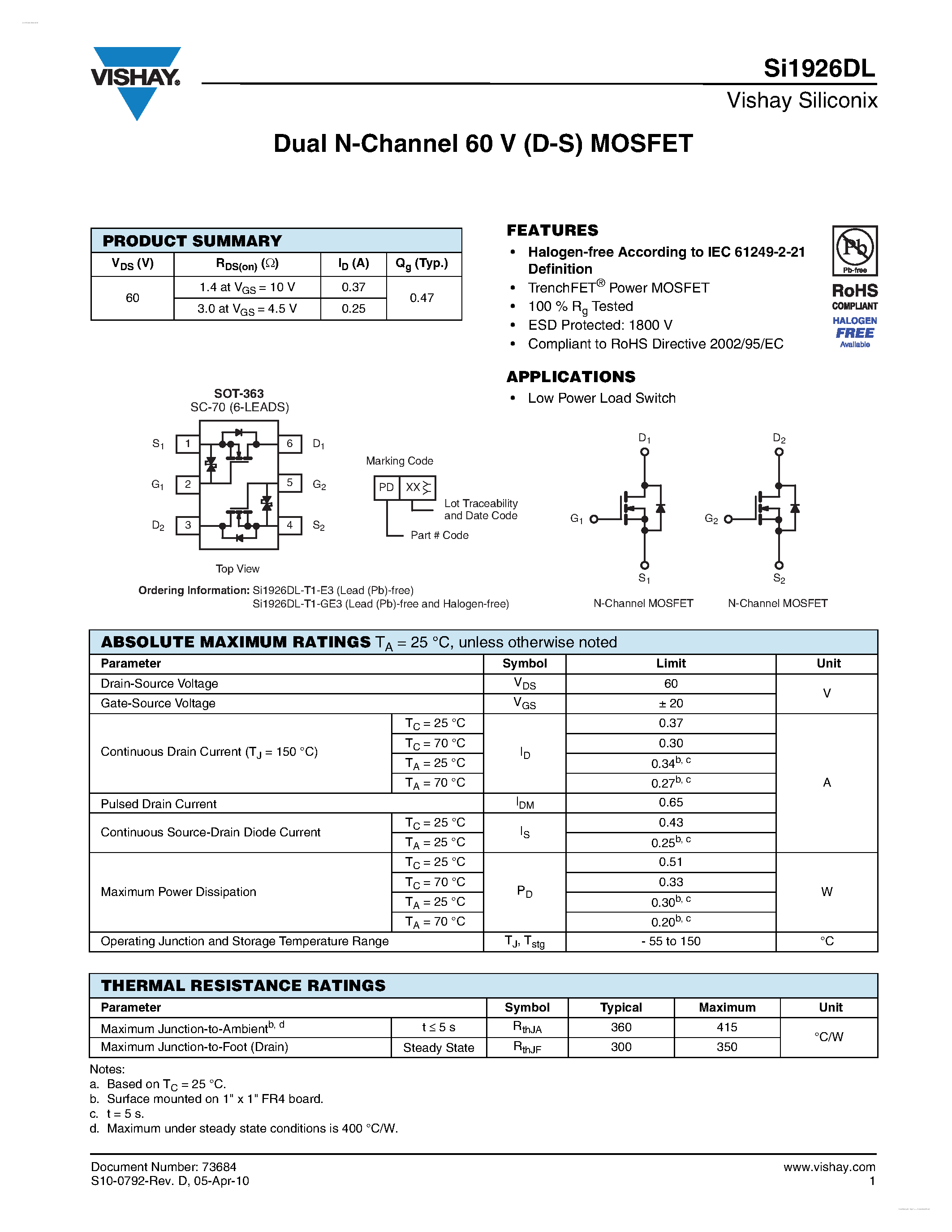 Даташит на микросхему SI1926DL страница 1 Даташит SI1926DL - Dual N-Channel 60 V (D-S) MOSFET страница 1