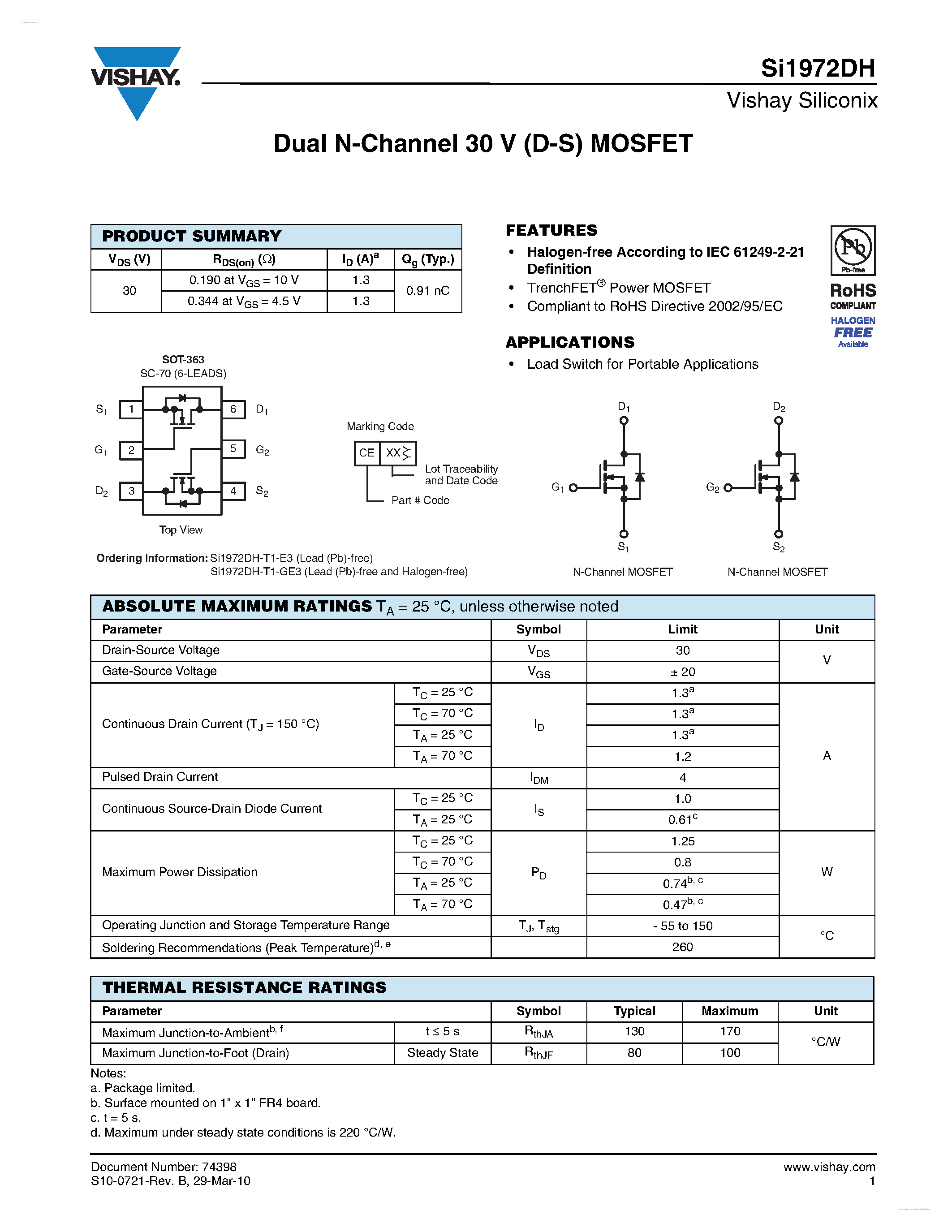 Даташит SI1972DH - Dual N-Channel 30 V (D-S) MOSFET страница 1