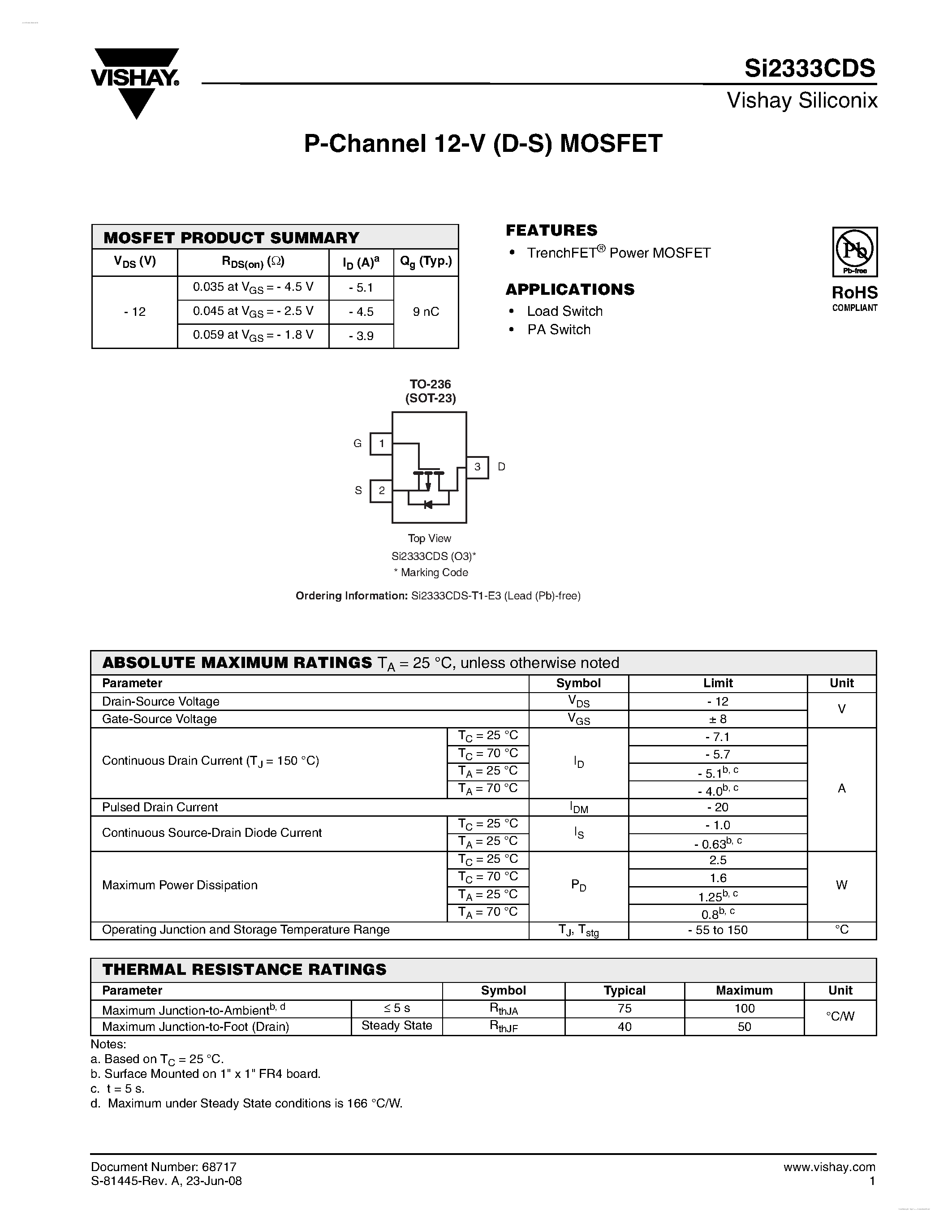 Даташит на микросхему SI2333CDS страница 1 Даташит SI2333CDS - P-Channel 12-V (D-S) MOSFET страница 1