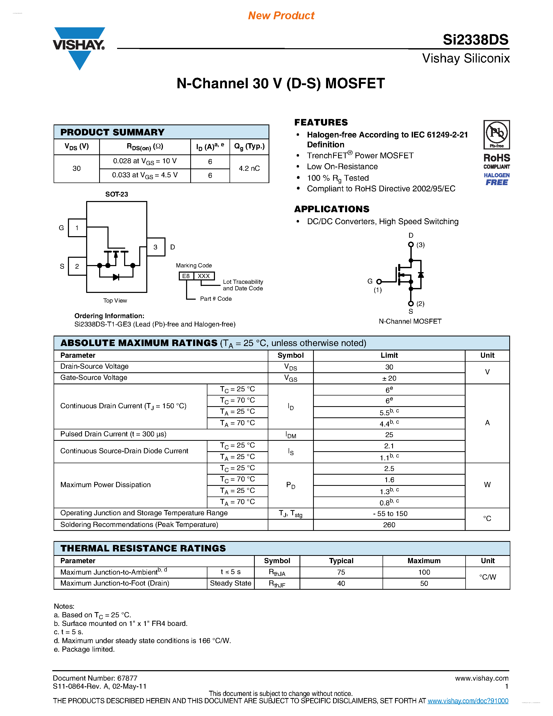Datasheet SI2338DS - N-Channel 30 V (D-S) MOSFET page 1