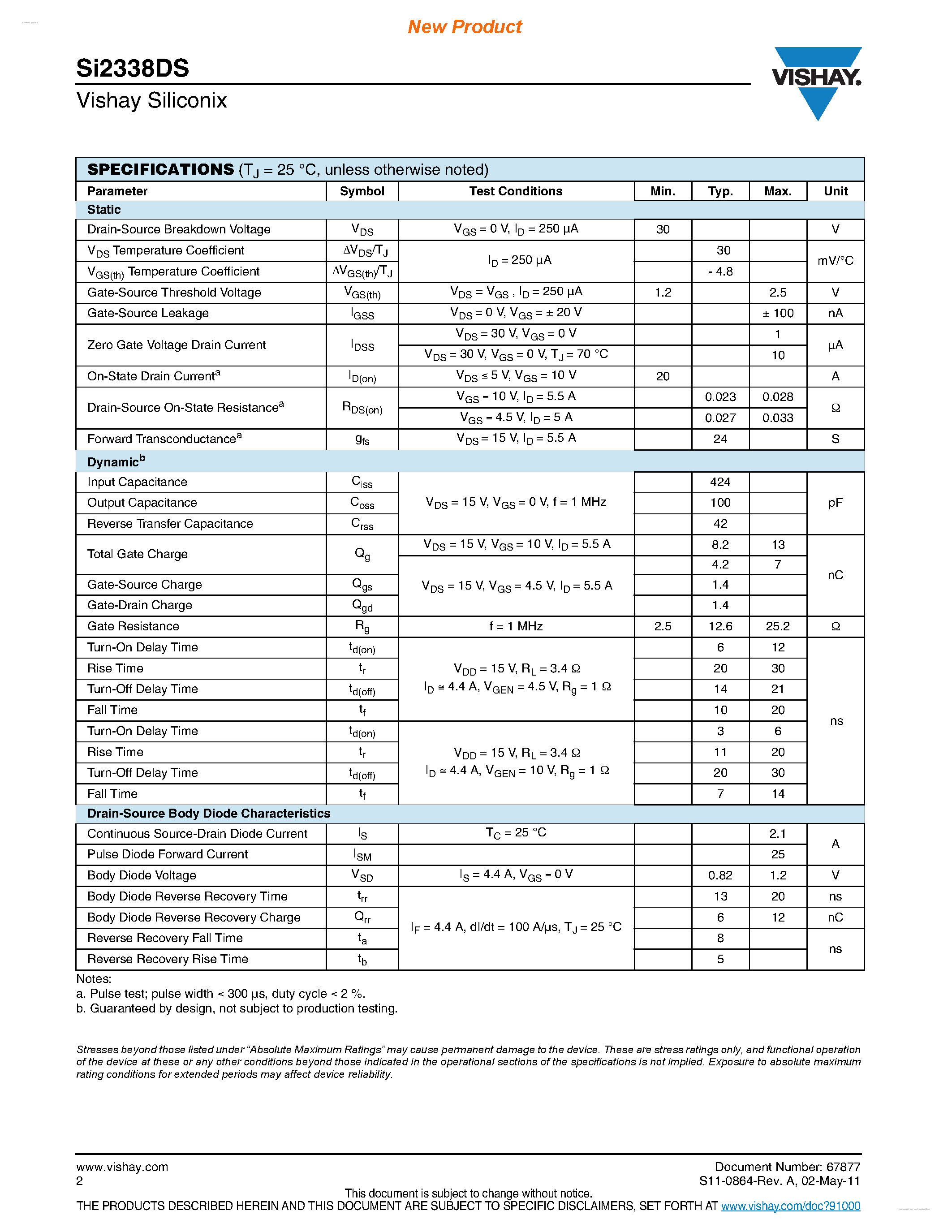 Datasheet SI2338DS - N-Channel 30 V (D-S) MOSFET page 2