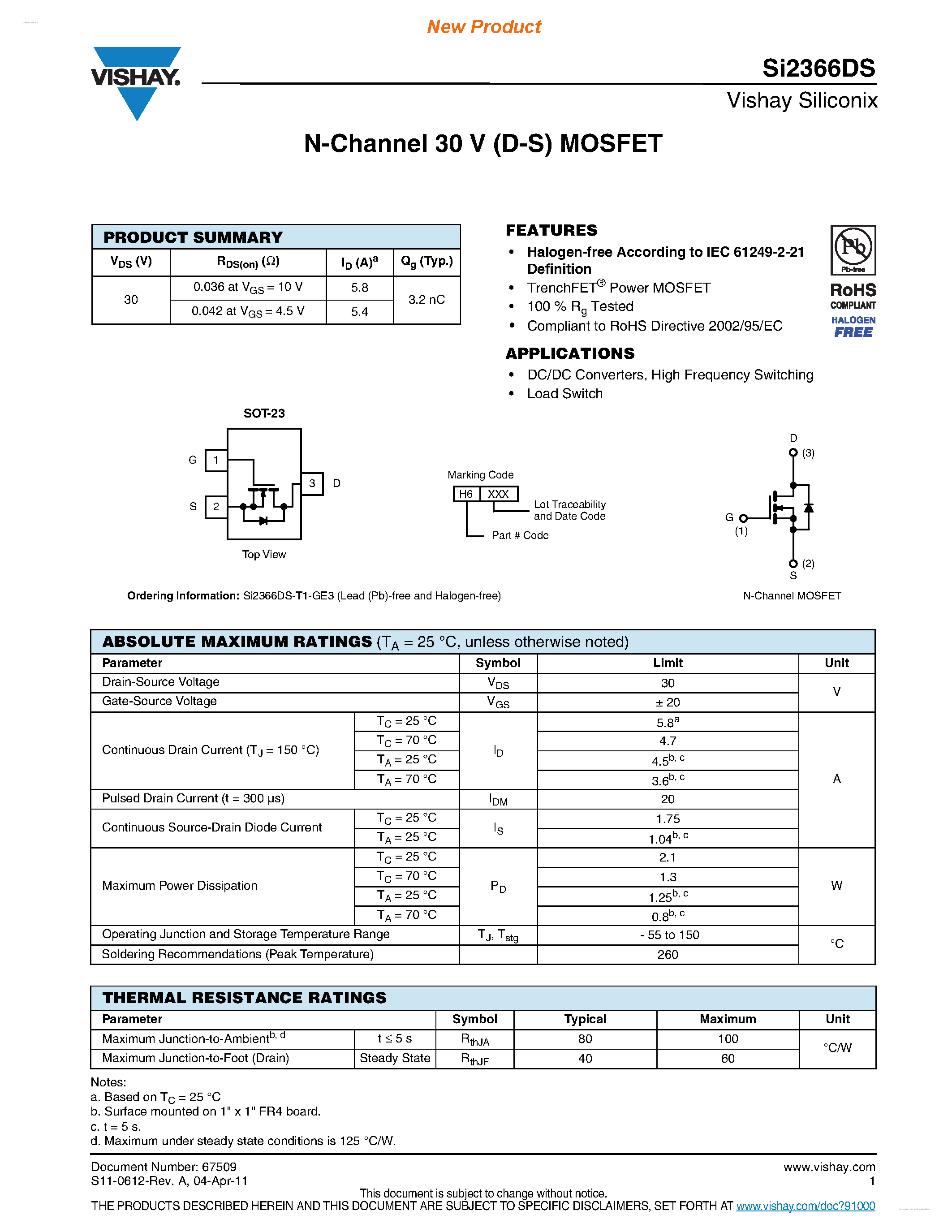 Даташит SI2366DS - N-Channel 30 V (D-S) MOSFET страница 1