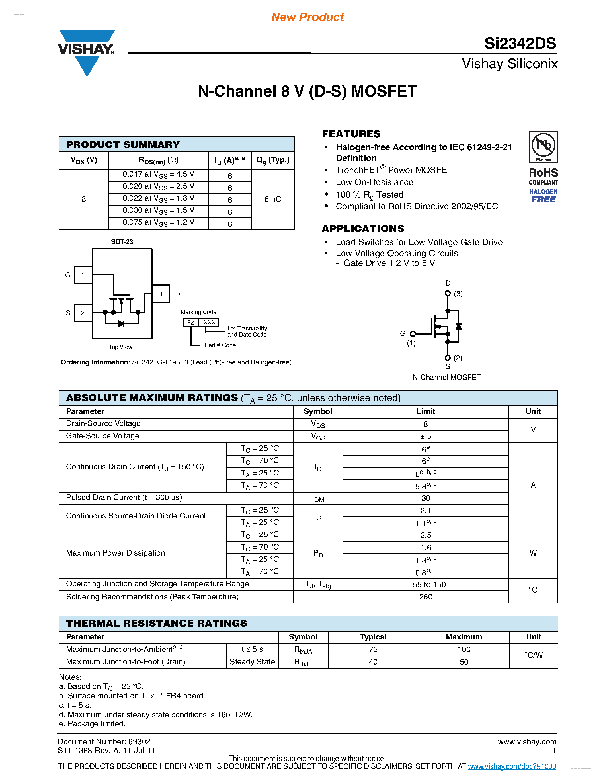 Даташит SI2342DS - N-Channel 8 V (D-S) MOSFET страница 1