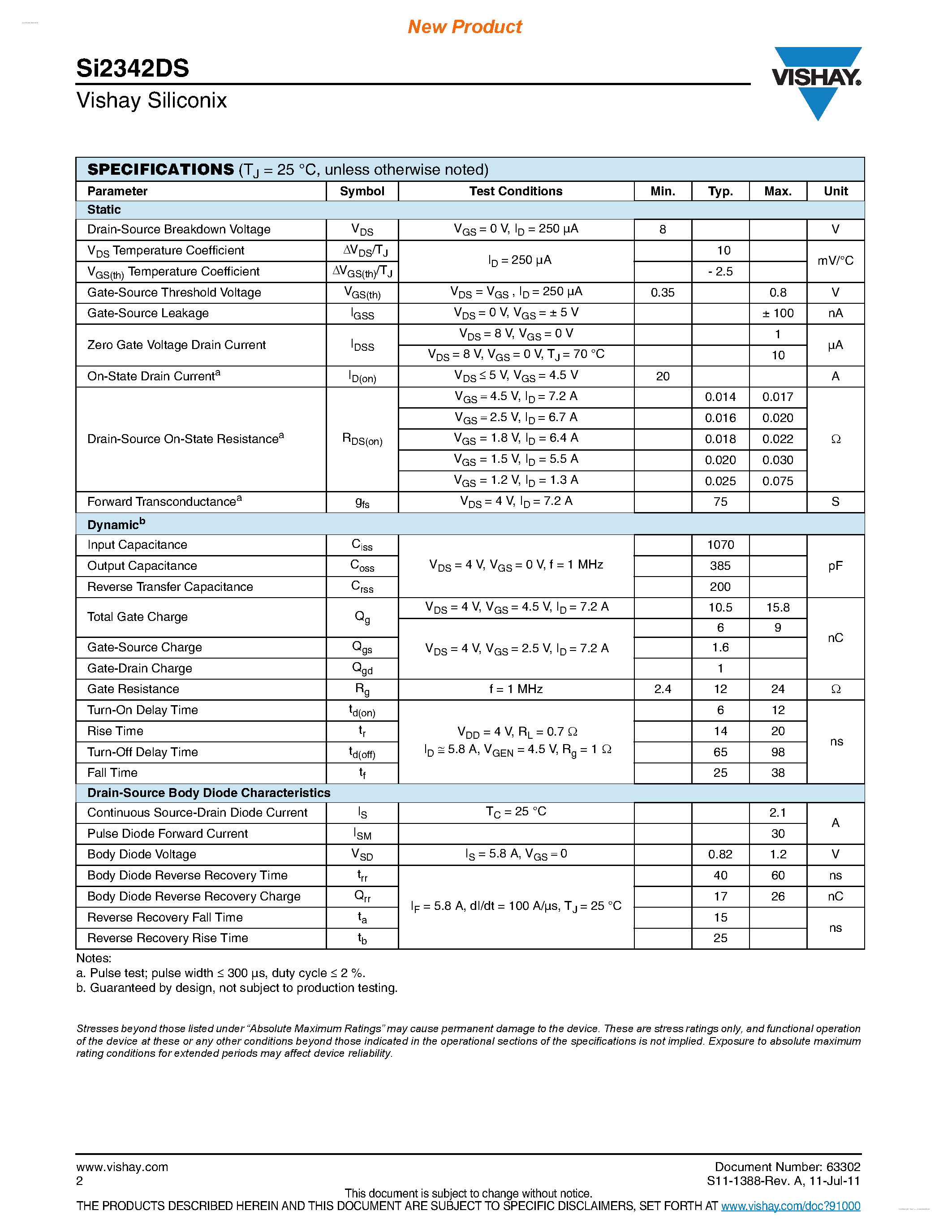 Даташит SI2342DS - N-Channel 8 V (D-S) MOSFET страница 2