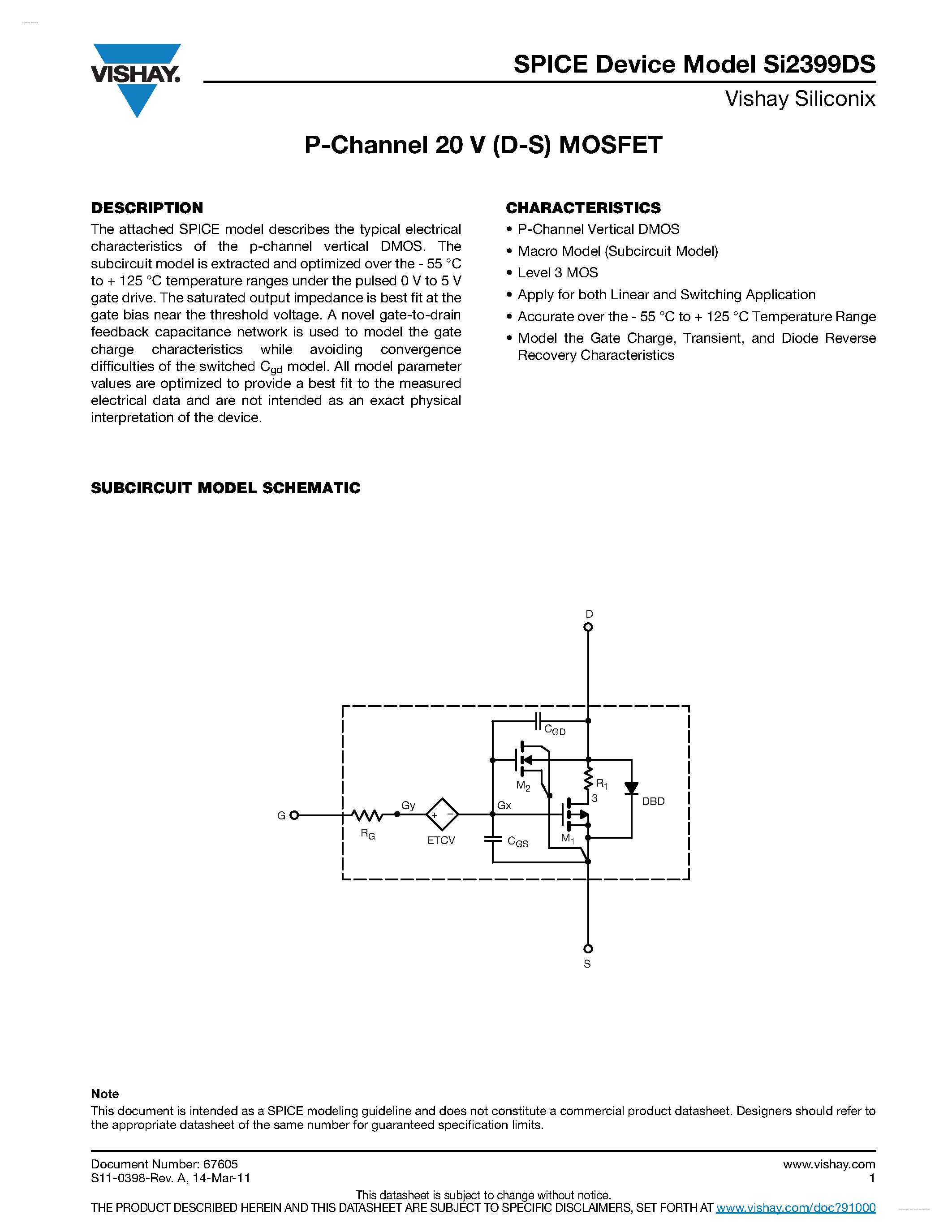 Datasheet SI2399DS - P-Channel 20 V (D-S) MOSFET page 1